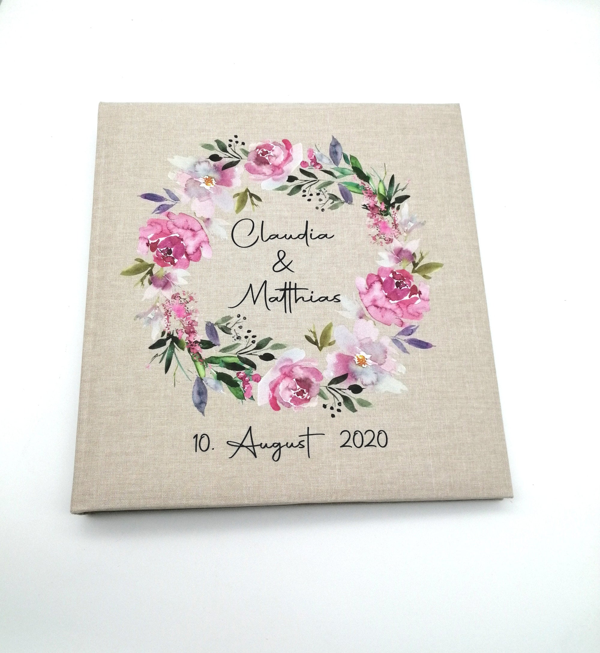 Fotoalbum personalisiert Hochzeit "Blumenkranz 2" Leinen, Erinnerungsalbum