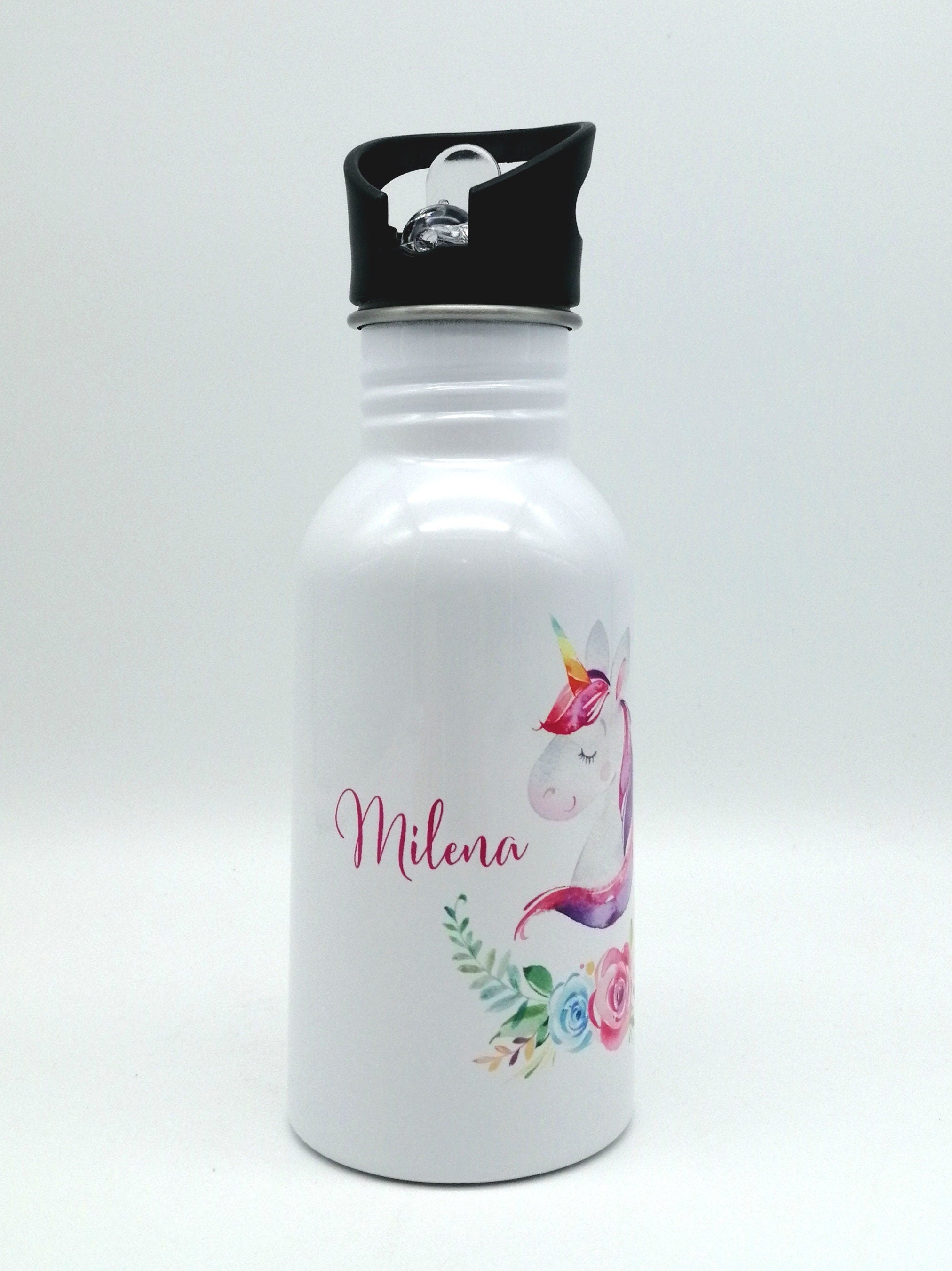 Trinkflasche mit Namen "Einhorn Blumen"/ Kindergarten/ Schule/ Sport/ 500ml mit Strohhalm