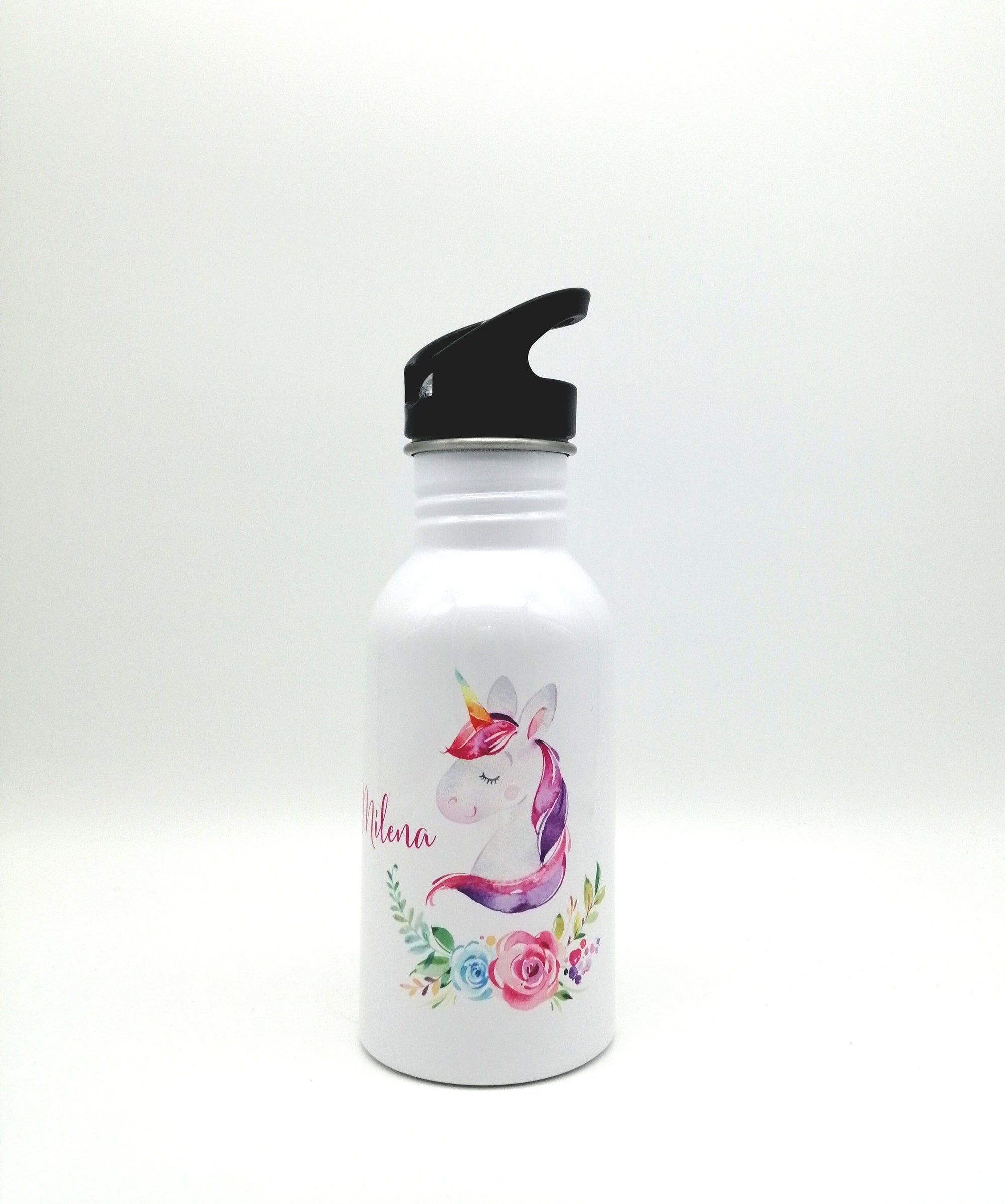 Trinkflasche mit Namen "Einhorn Blumen"/ Kindergarten/ Schule/ Sport/ 500ml mit Strohhalm