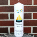 Taufkerze personalisiert mit Namen Datum und Taufspruch "Boot Wimpelkette petrol", Junge/ Mädchen