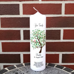 Taufkerze personalisiert mit Namen Datum und Taufspruch "Baum/Vogel/grün", Junge/ Mädchen