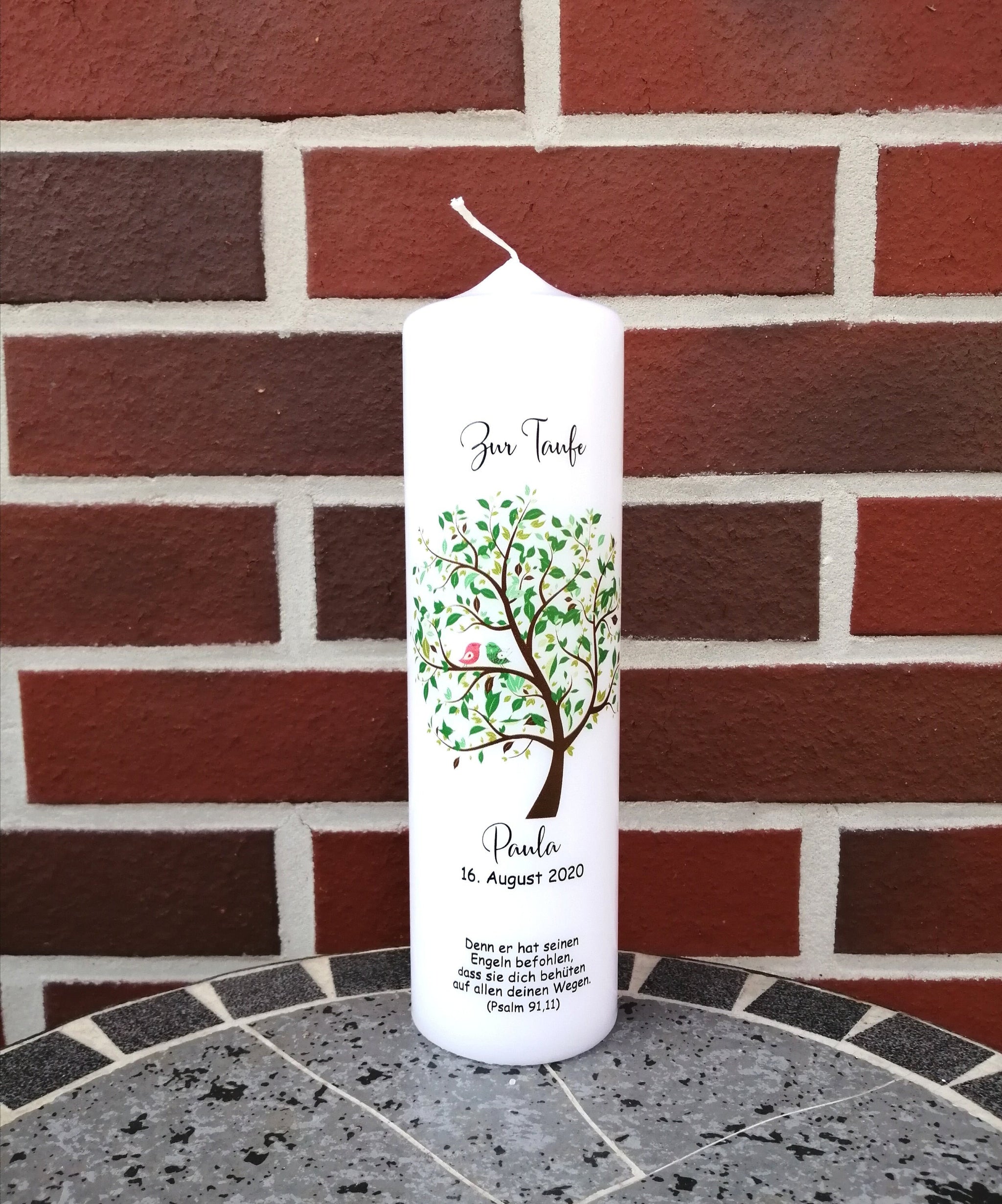Taufkerze personalisiert mit Namen Datum und Taufspruch "Baum/Vogel/grün", Junge/ Mädchen