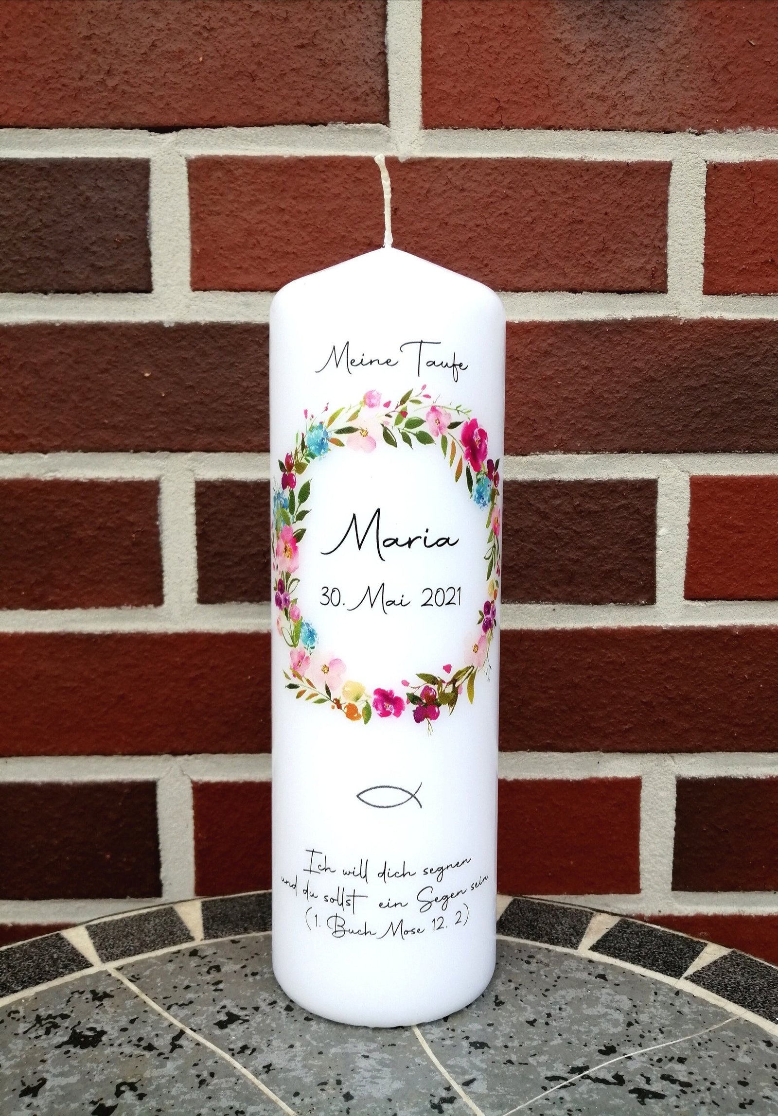 Taufkerze personalisiert mit Namen Datum und Taufspruch "Blumenkranz 3", Junge/ Mädchen, Geschenkidee zur Taufe, Patengeschenk, Taufgeschenk