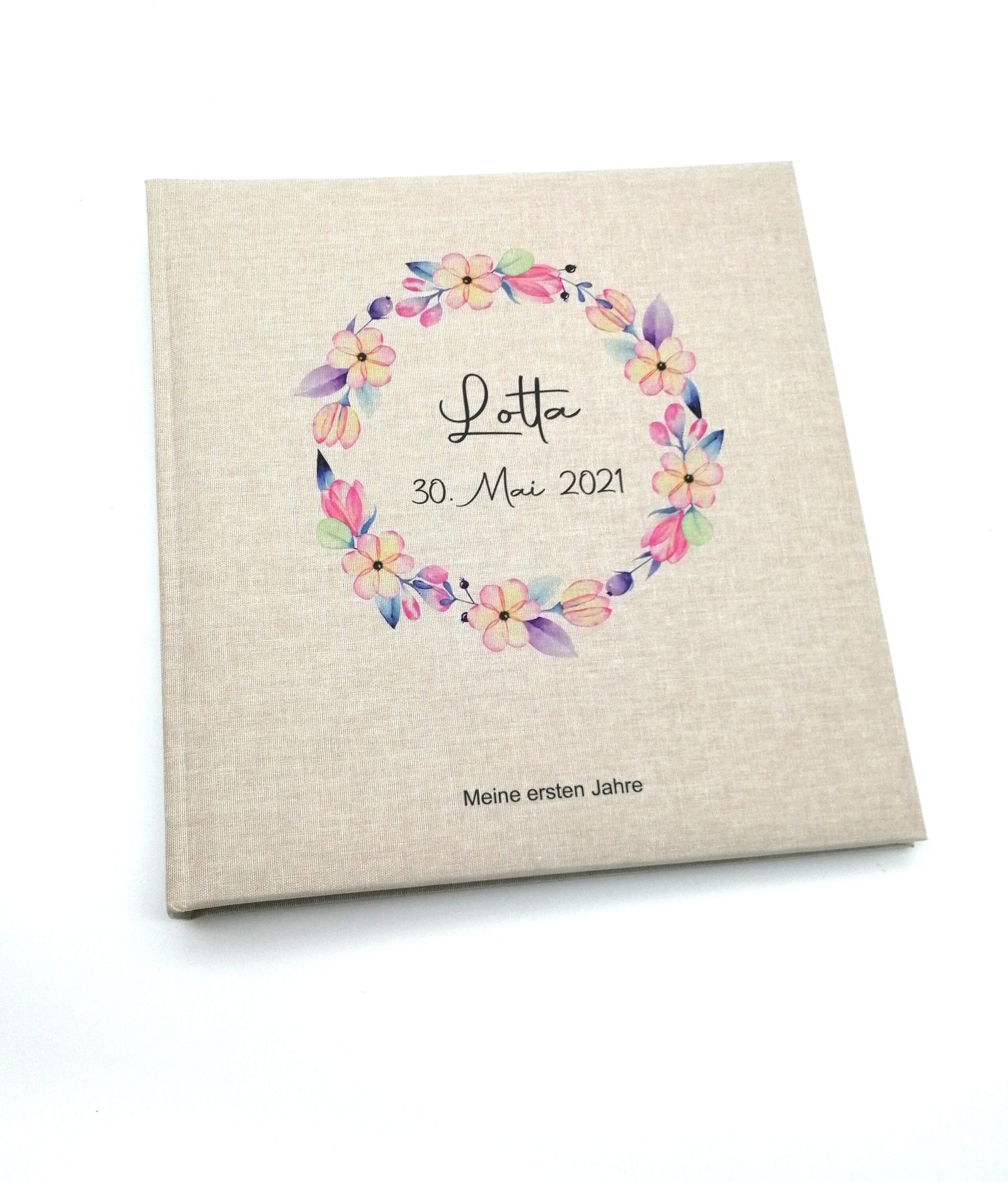 Fotoalbum personalisiert Baby, Kind "Blumenkranz" Leinen, Erinnerungsalbum