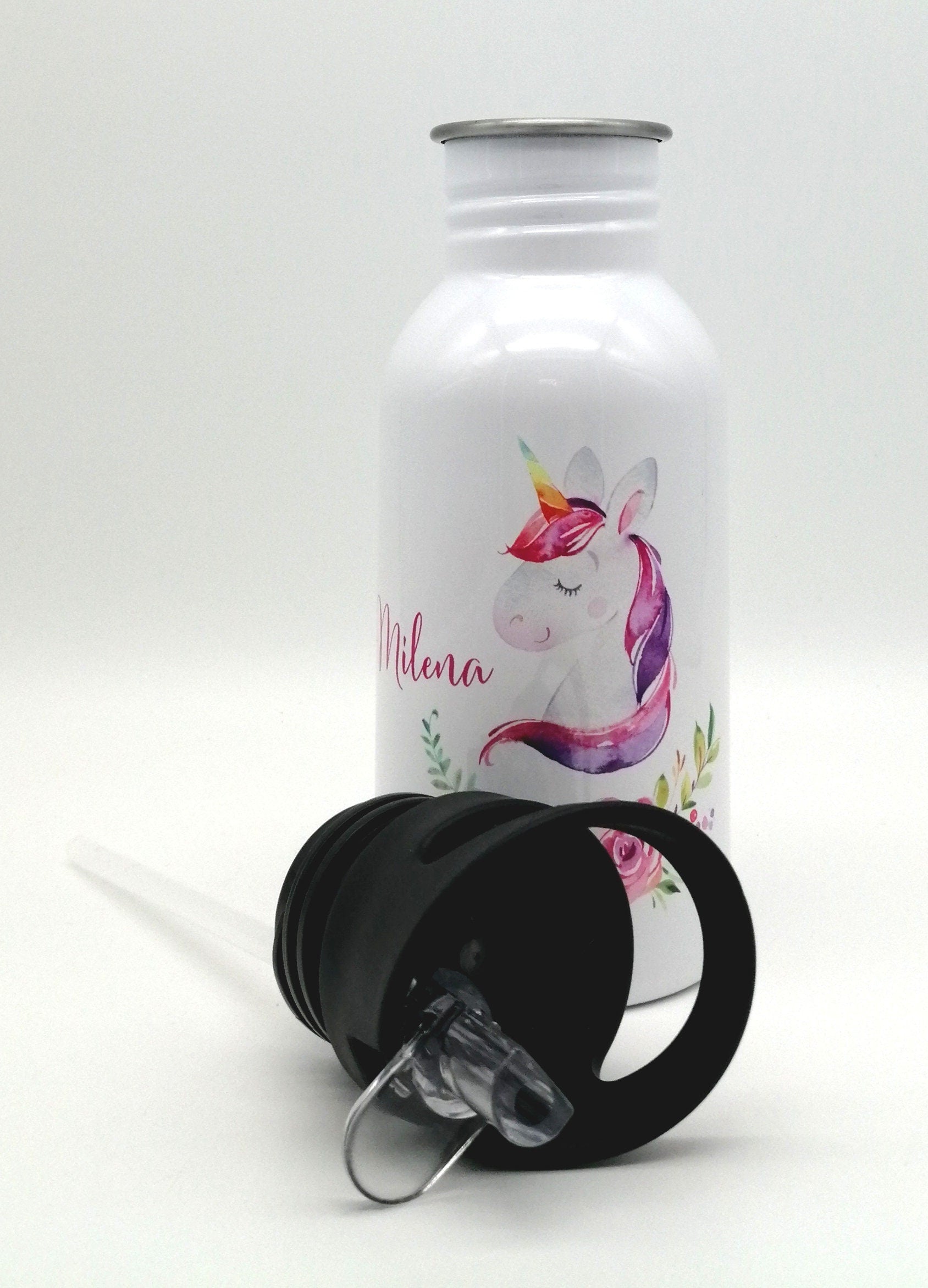 Trinkflasche mit Namen "Einhorn Blumen"/ Kindergarten/ Schule/ Sport/ 500ml mit Strohhalm
