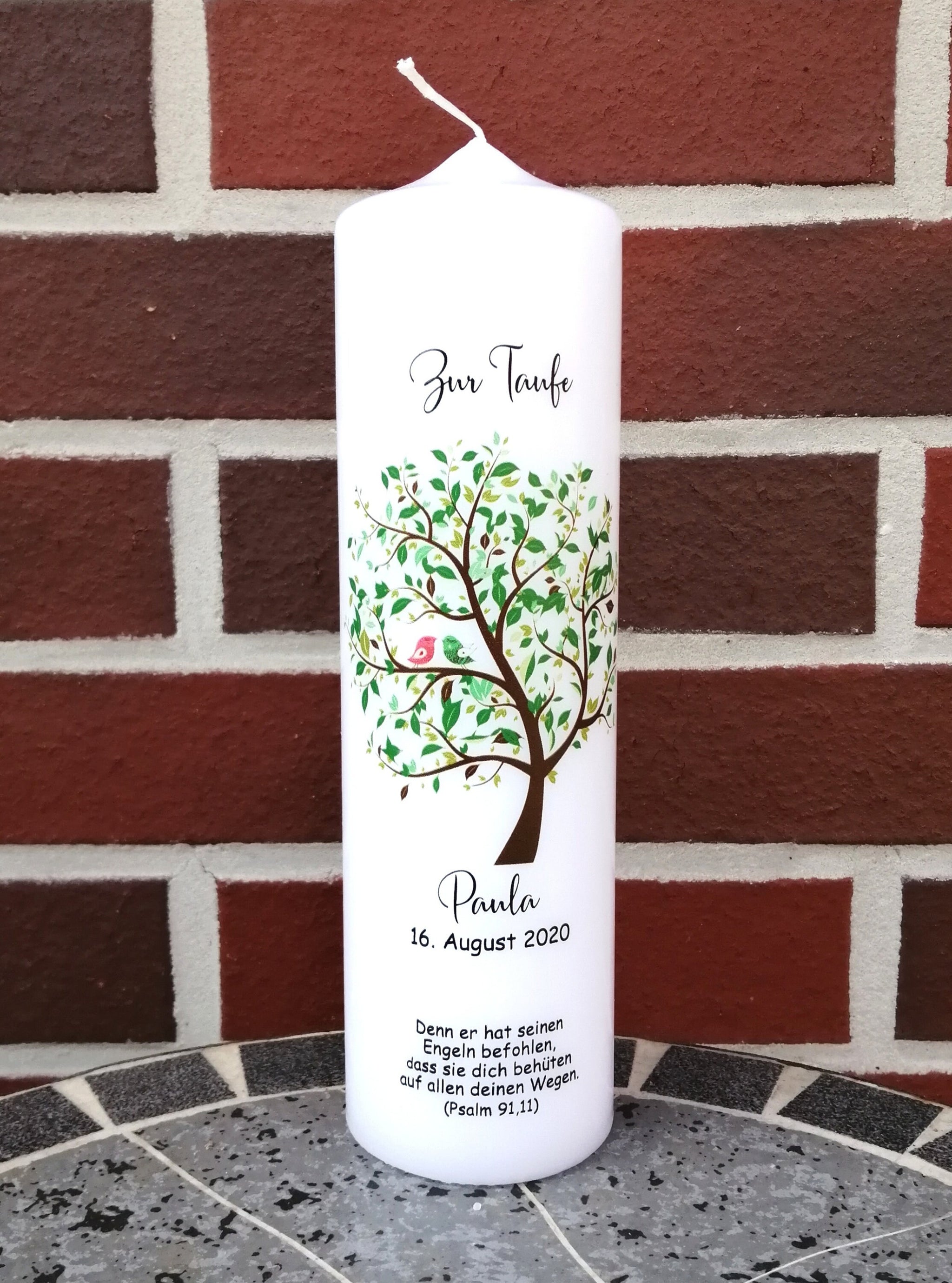 Taufkerze personalisiert mit Namen Datum und Taufspruch "Baum/Vogel/grün", Junge/ Mädchen