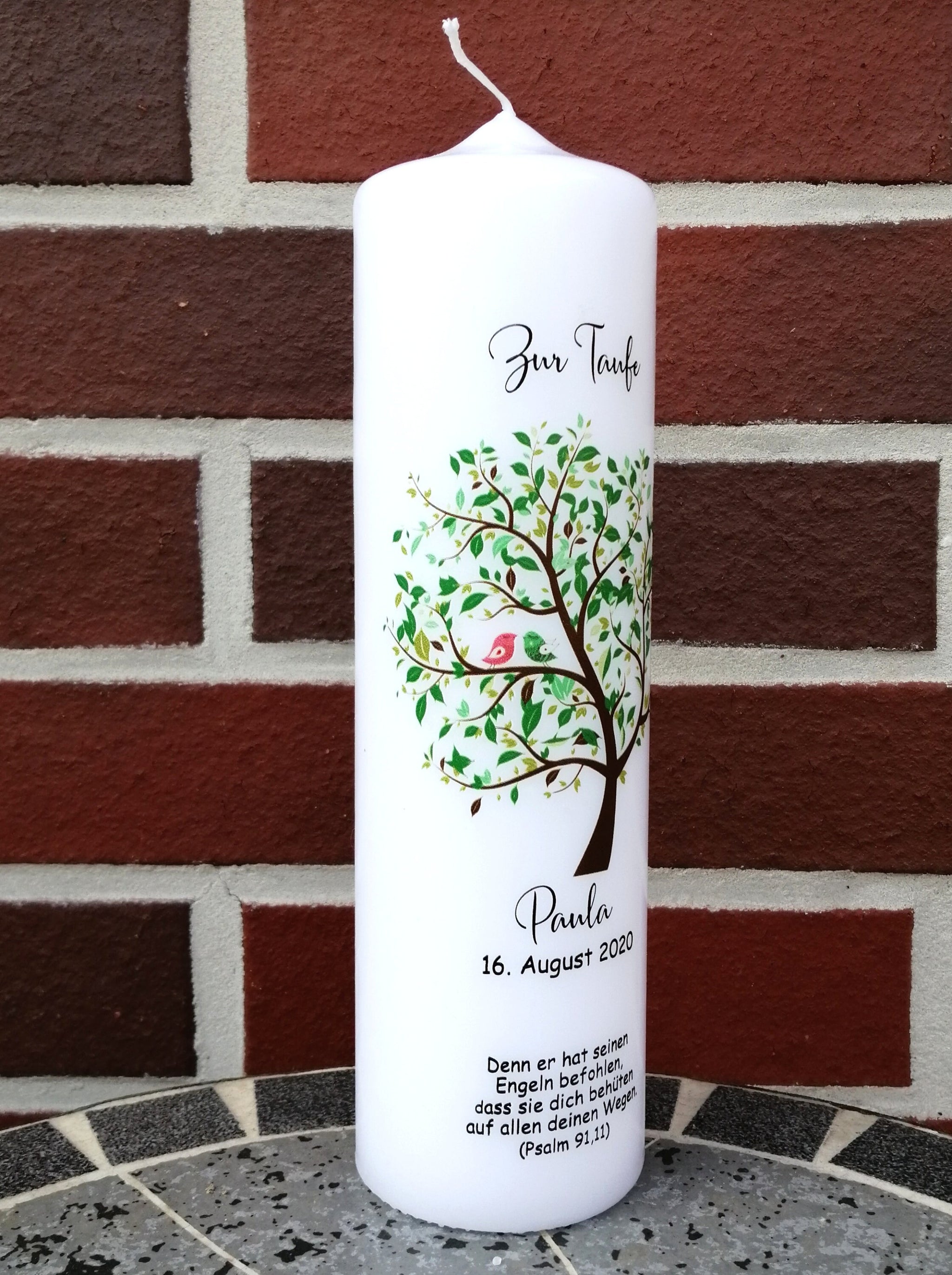 Taufkerze personalisiert mit Namen Datum und Taufspruch "Baum/Vogel/grün", Junge/ Mädchen