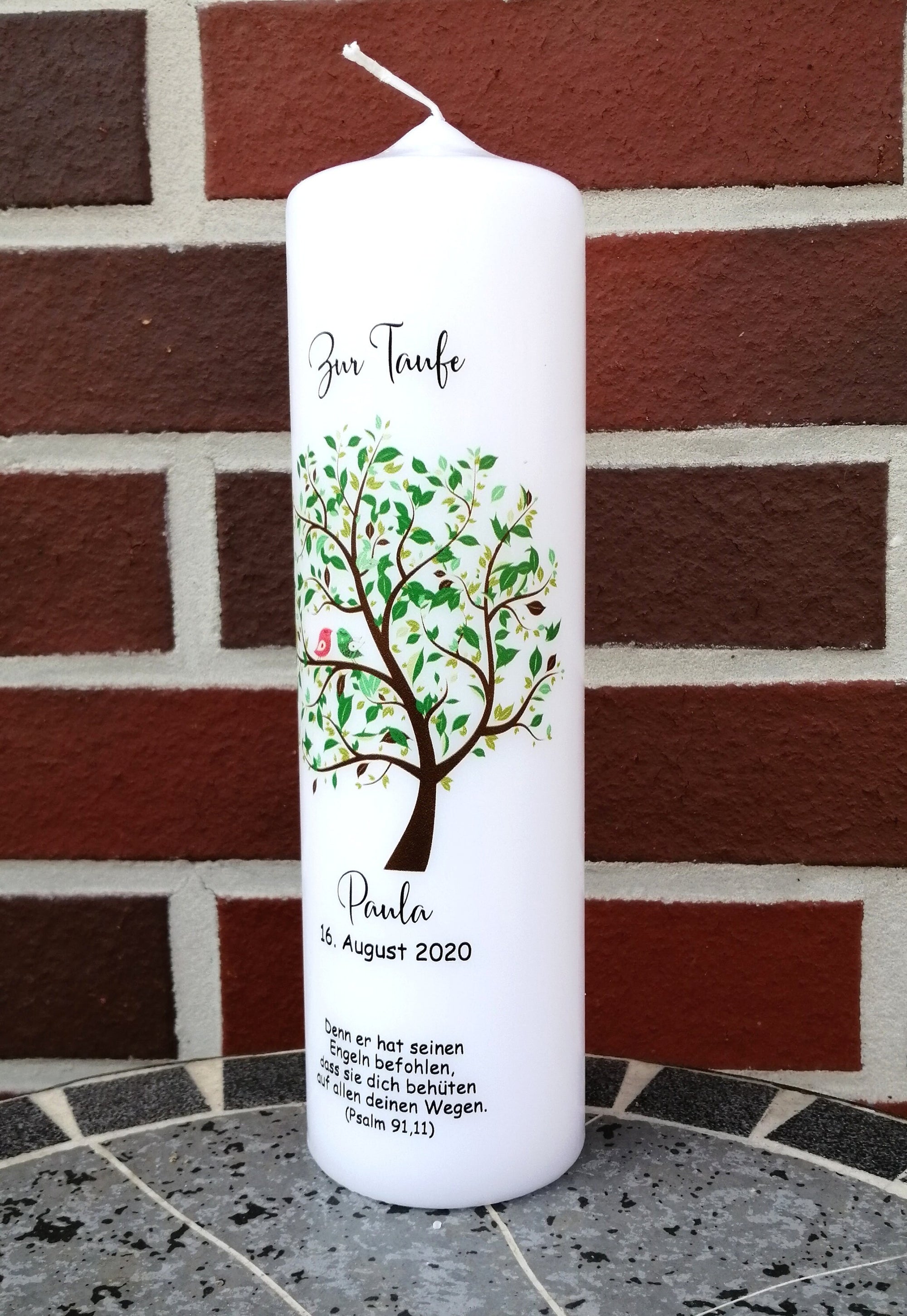 Taufkerze personalisiert mit Namen Datum und Taufspruch "Baum/Vogel/grün", Junge/ Mädchen