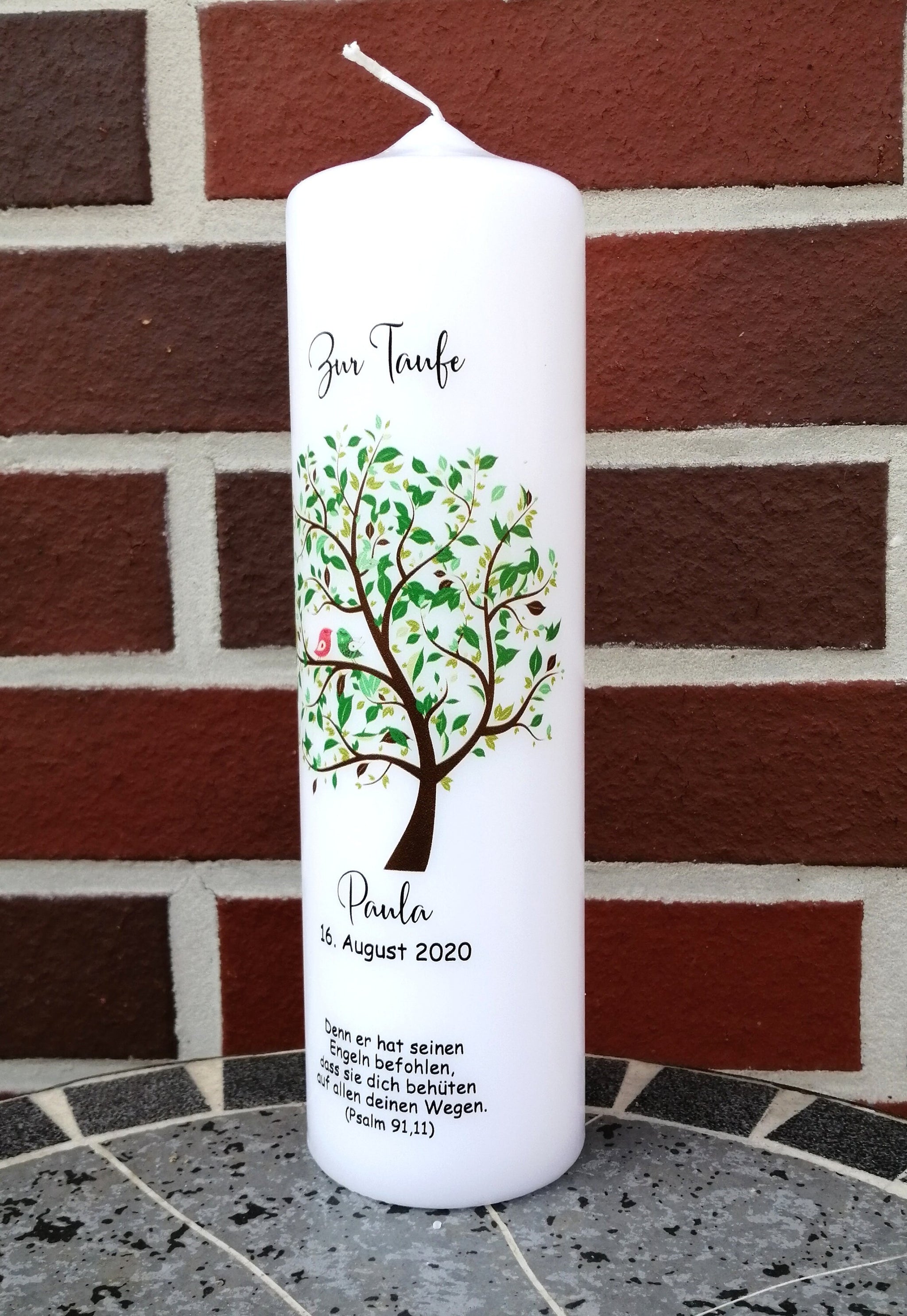 Taufkerze personalisiert mit Namen Datum und Taufspruch "Baum/Vogel/grün", Junge/ Mädchen