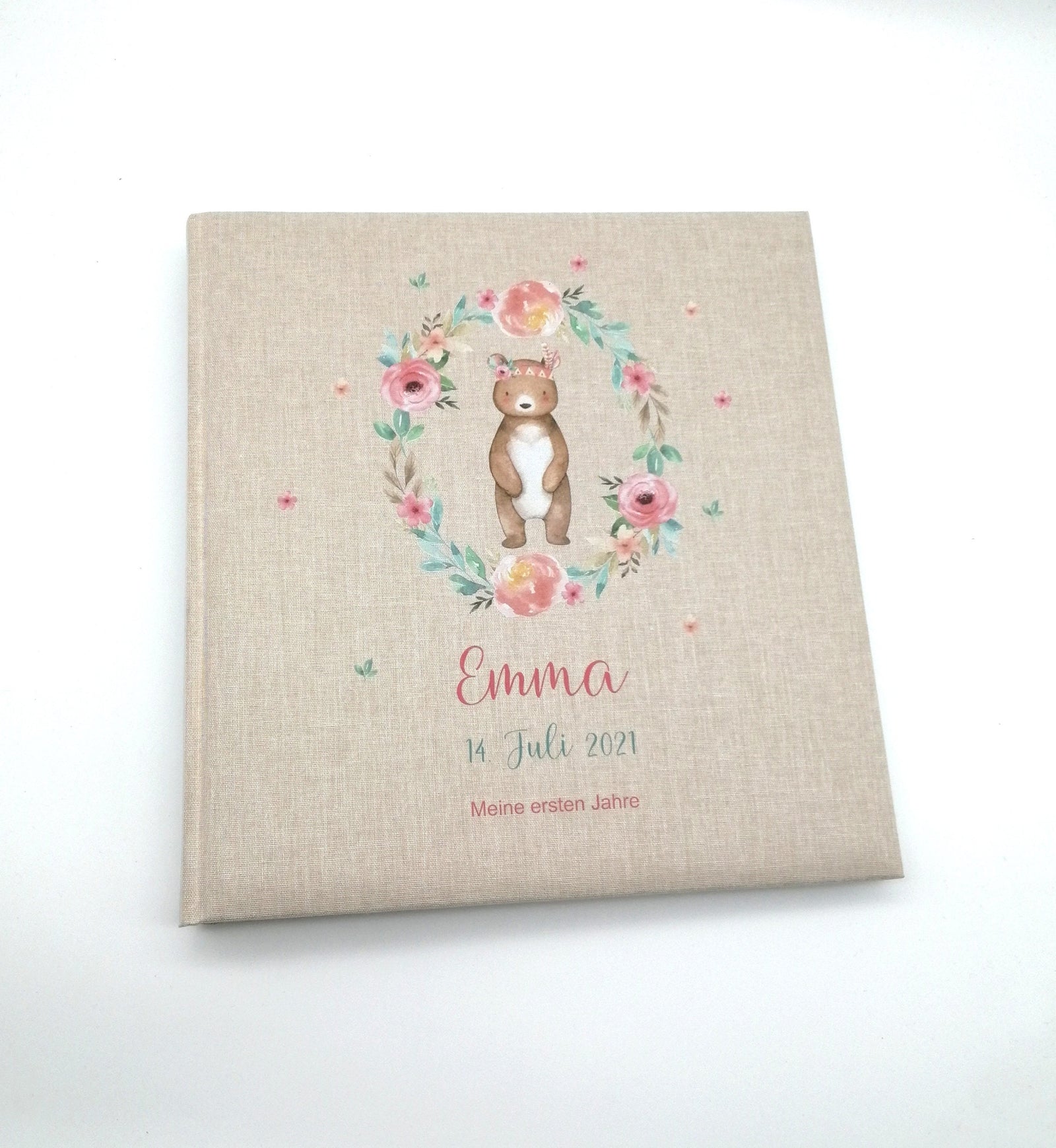 Fotoalbum personalisiert Baby, Kind "Boho Bär" Leinen, Erinnerungsalbum