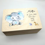 Erinnerungskiste Baby mit Namen "Elefant" Geburtsdatum Erinnerungsbox für Kinder, Geschenkidee Geburt, Taufe Erinnerungsbox, Geschenkidee