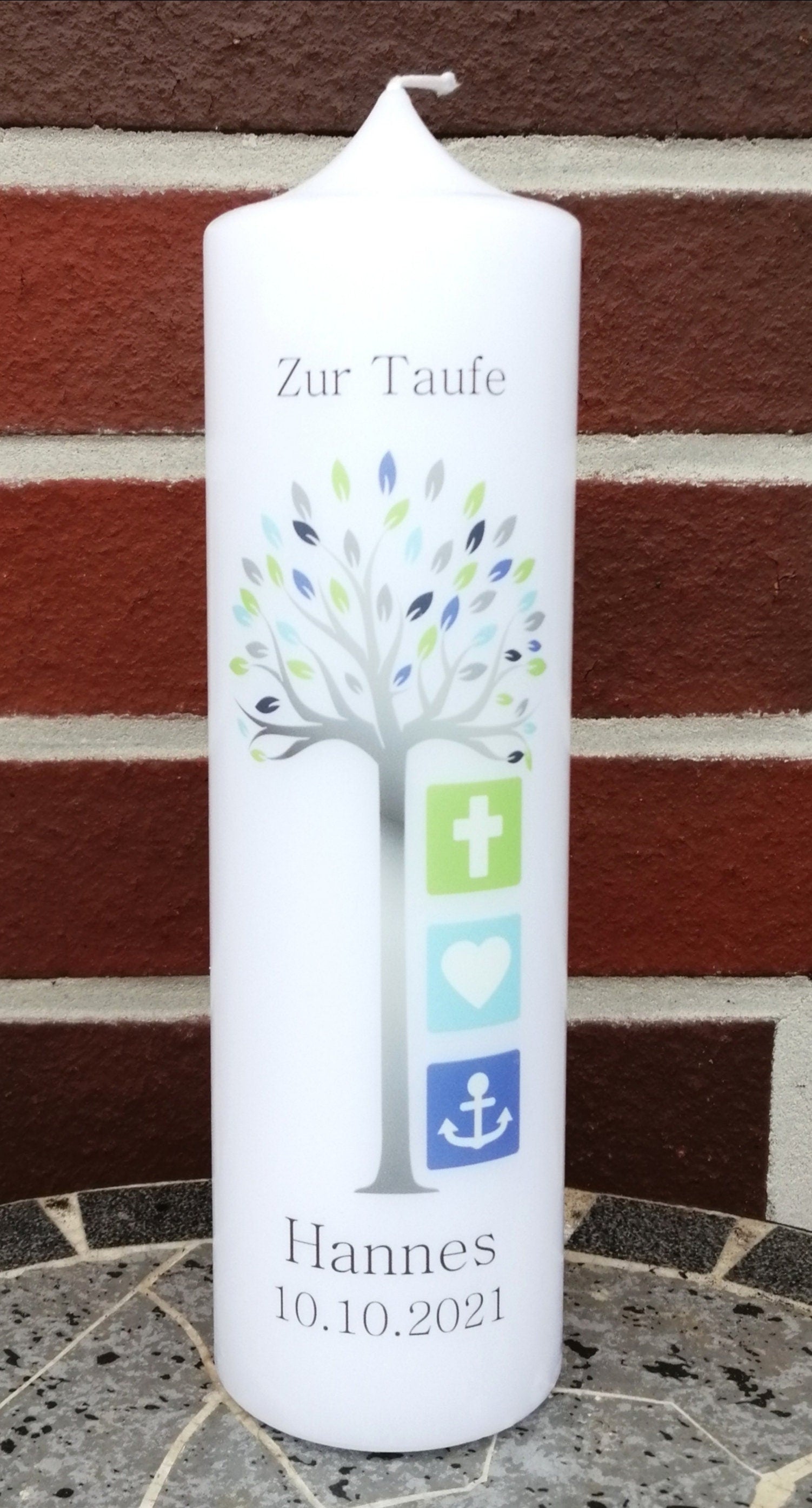 Taufkerze personalisiert mit Namen Datum und Taufspruch "Lebensbaum blau grün", Junge/ Mädchen
