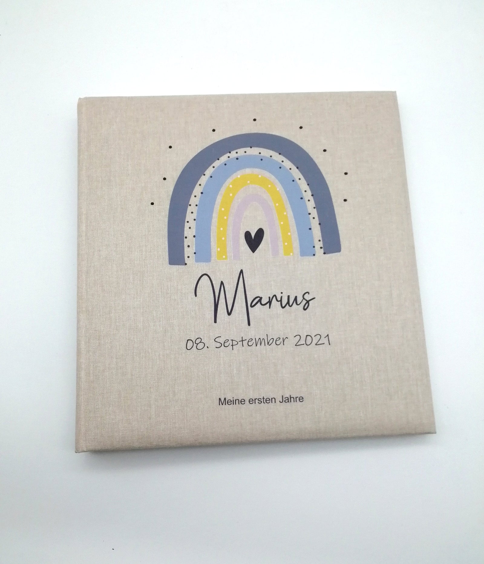Fotoalbum personalisiert Baby, Kind "Regenbogen blau/grau" Leinen, Erinnerungsalbum, Fotoalbum Regenbogen, Fotobuch für Kinder, Fotobuch