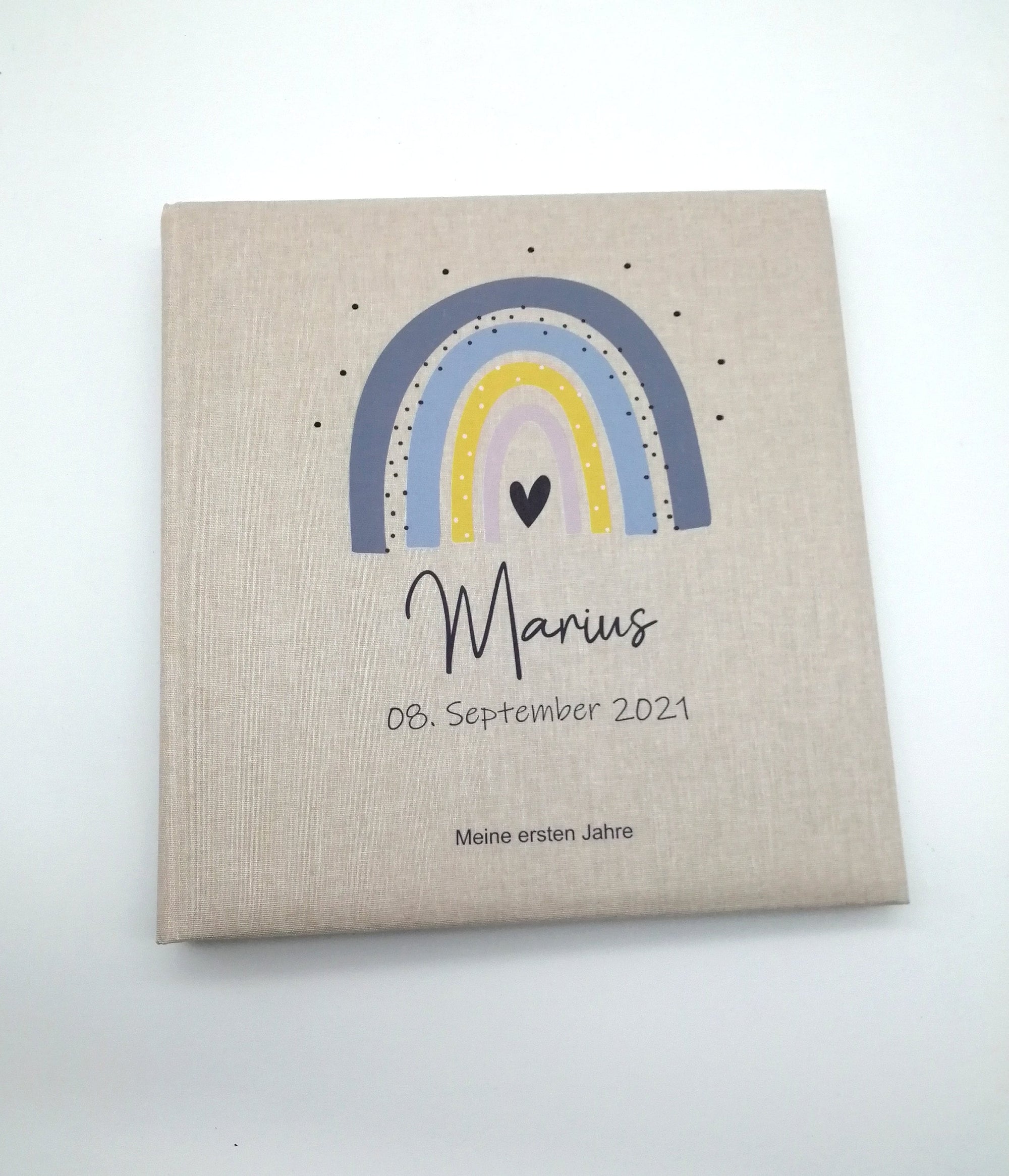 Fotoalbum personalisiert Baby, Kind "Regenbogen blau/grau" Leinen, Erinnerungsalbum, Fotoalbum Regenbogen, Fotobuch für Kinder, Fotobuch