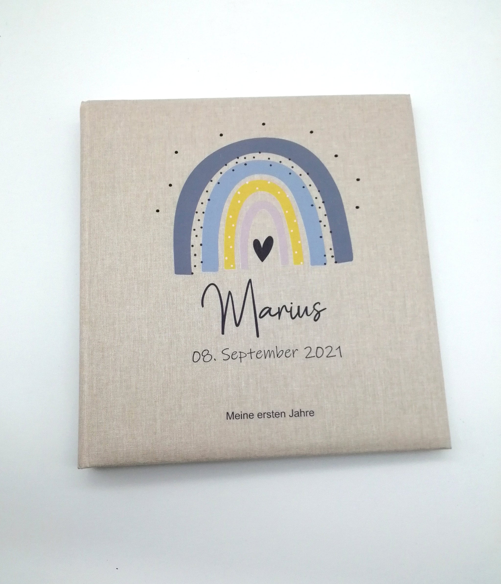 Fotoalbum personalisiert Baby, Kind "Regenbogen blau/grau" Leinen, Erinnerungsalbum, Fotoalbum Regenbogen, Fotobuch für Kinder, Fotobuch