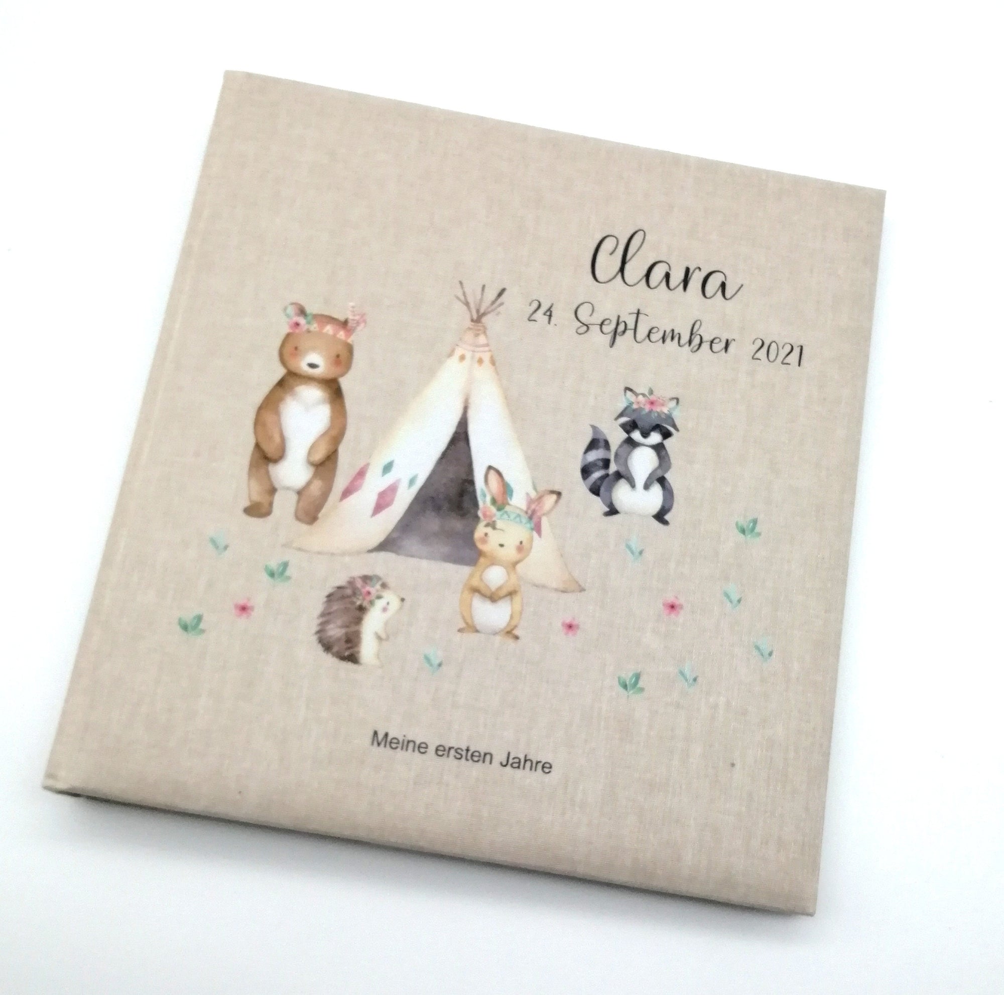 Fotoalbum personalisiert Baby, Kind "Boho Waldtiere" Leinen, Erinnerungsalbum