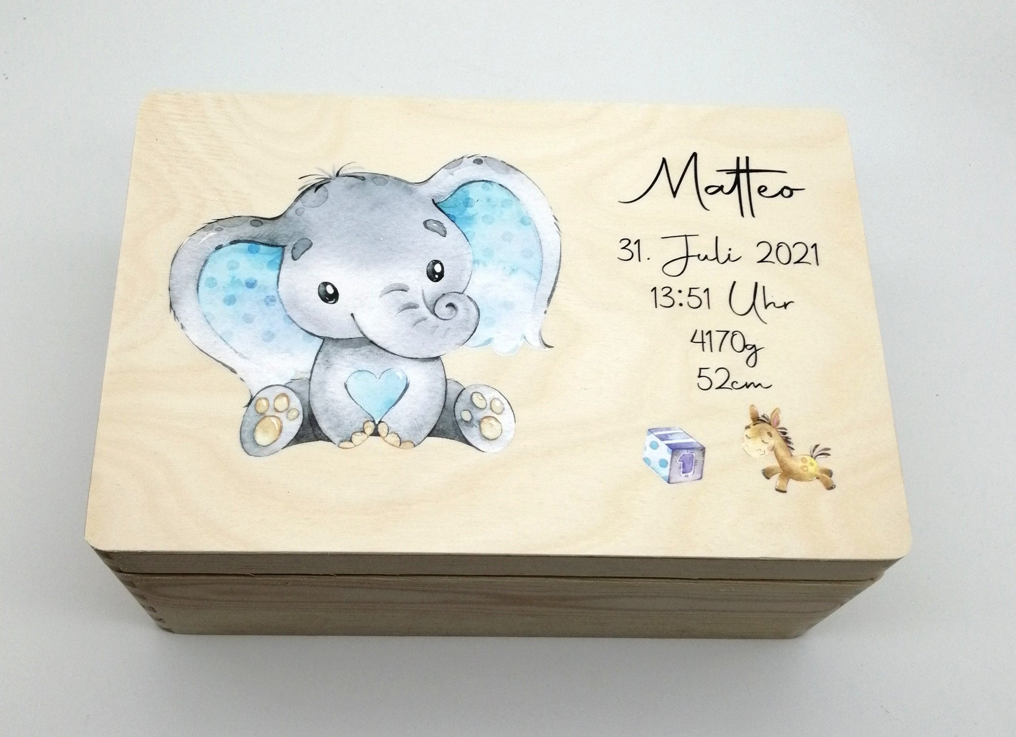 Erinnerungskiste Baby mit Namen "Elefant" Geburtsdatum Erinnerungsbox für Kinder, Geschenkidee Geburt, Taufe Erinnerungsbox, Geschenkidee