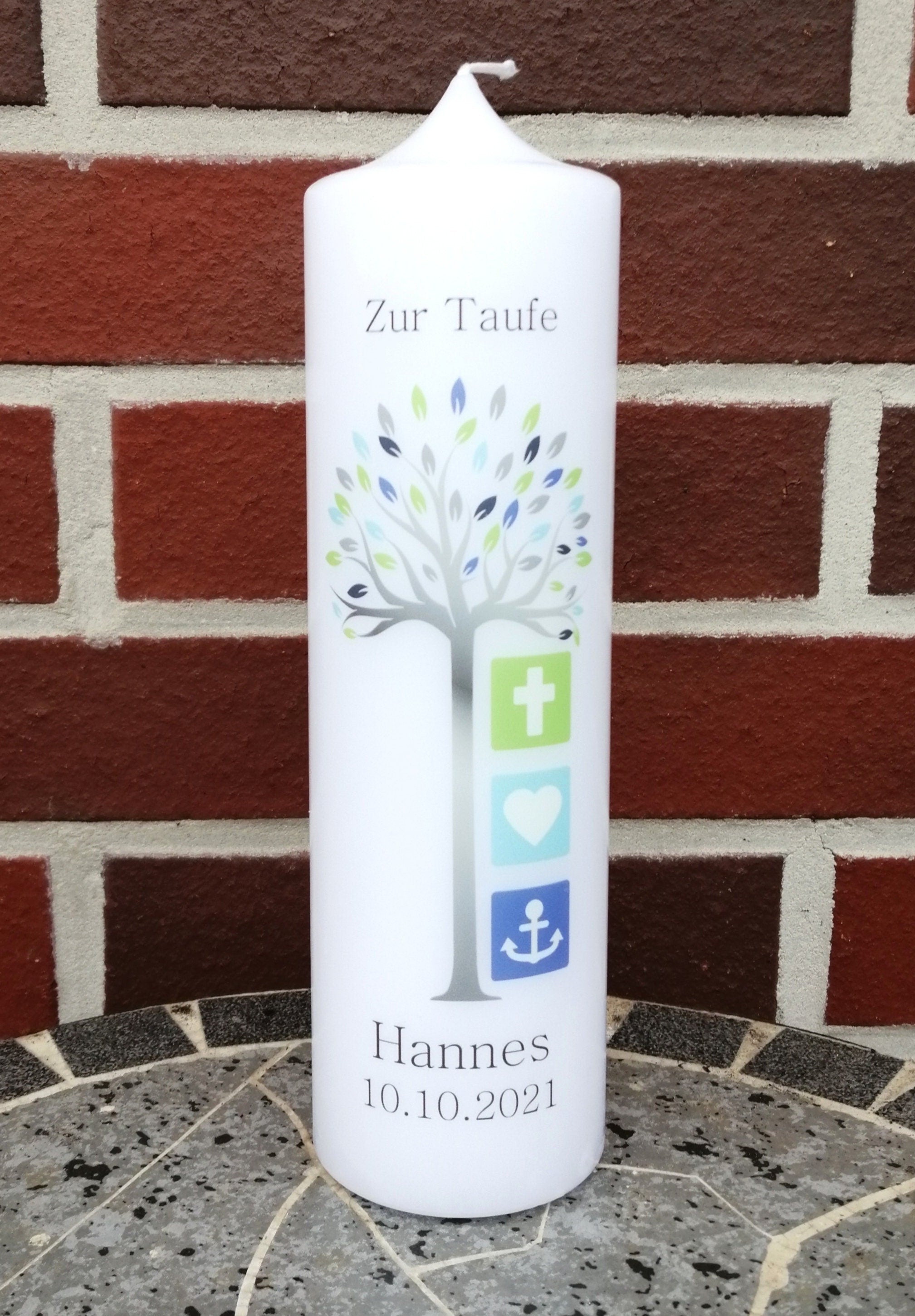 Taufkerze personalisiert mit Namen Datum und Taufspruch "Lebensbaum blau grün", Junge/ Mädchen