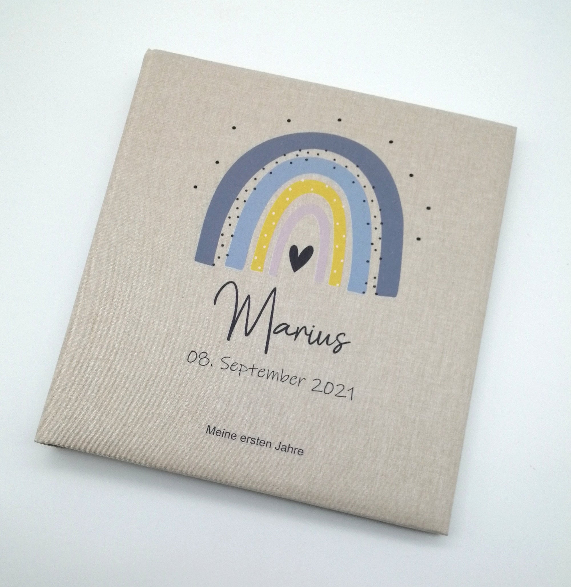 Fotoalbum personalisiert Baby, Kind "Regenbogen blau/grau" Leinen, Erinnerungsalbum, Fotoalbum Regenbogen, Fotobuch für Kinder, Fotobuch