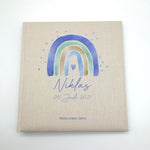 Fotoalbum personalisiert Baby, Kind "Regenbogen blau Dots" Leinen, Erinnerungsalbum