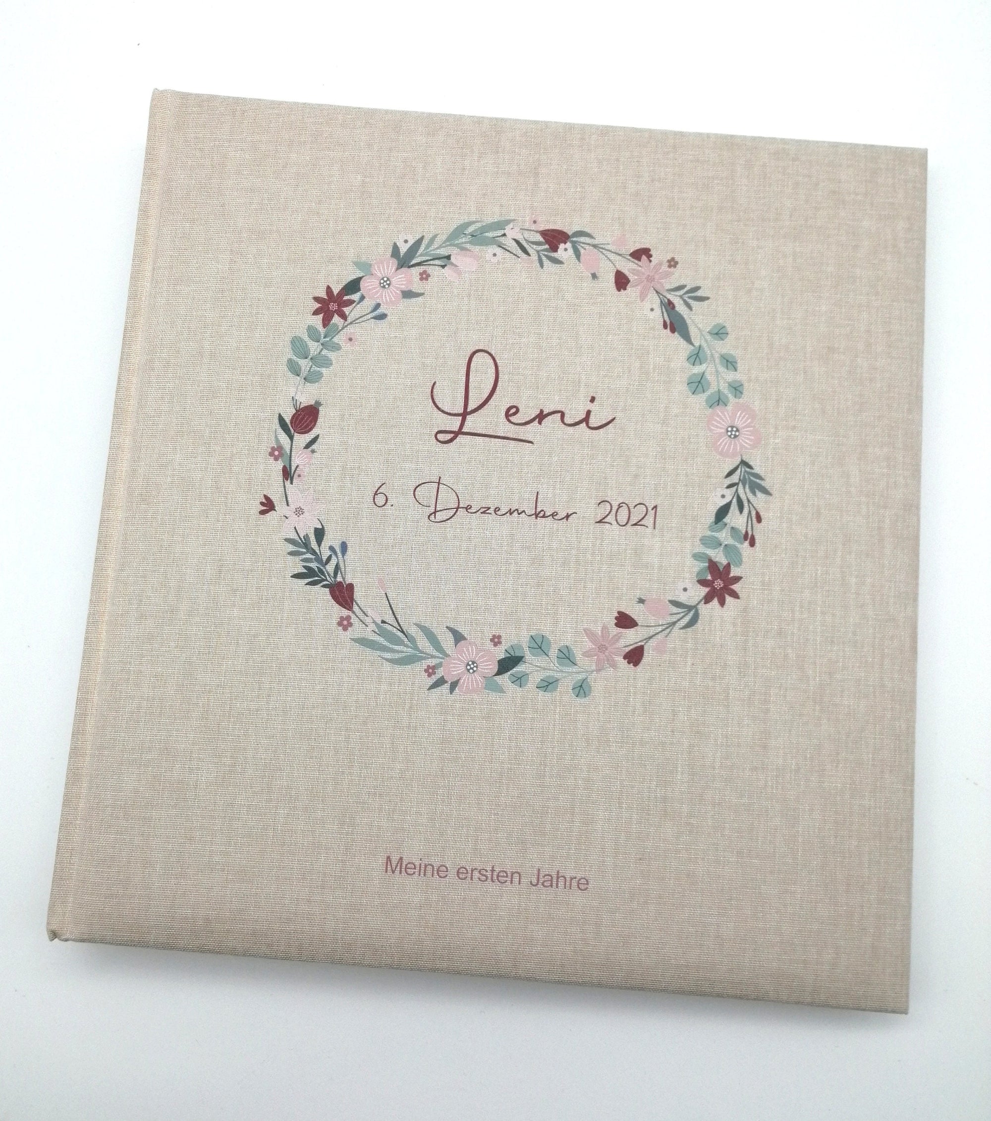 Fotoalbum personalisiert Baby, Kind "Blumenkranz 3" Leinen, Erinnerungsalbum