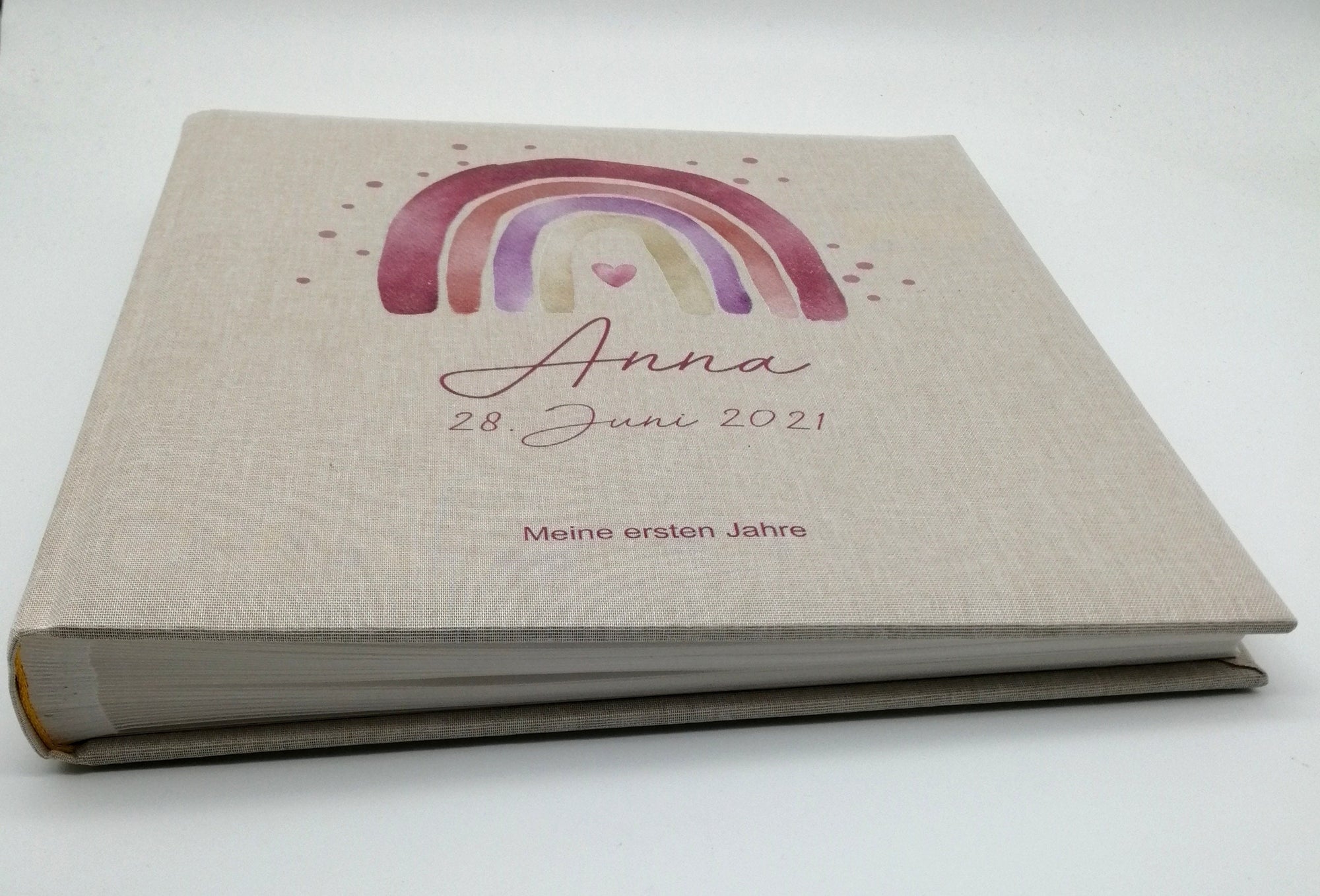 Fotoalbum personalisiert Baby, Kind "Regenbogen rot Dots" Leinen, Erinnerungsalbum
