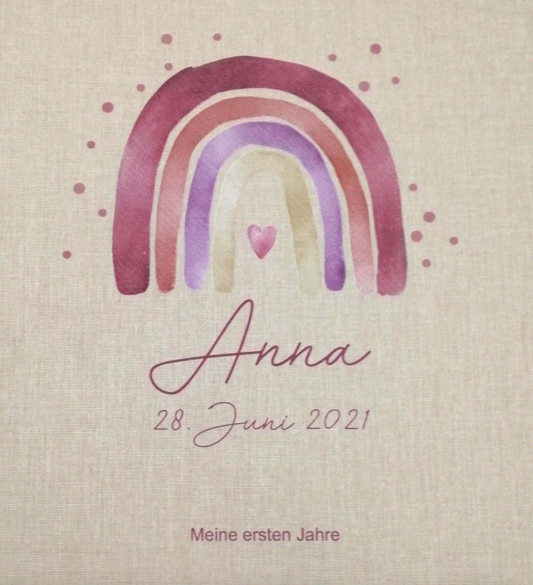 Fotoalbum personalisiert Baby, Kind "Regenbogen rot Dots" Leinen, Erinnerungsalbum