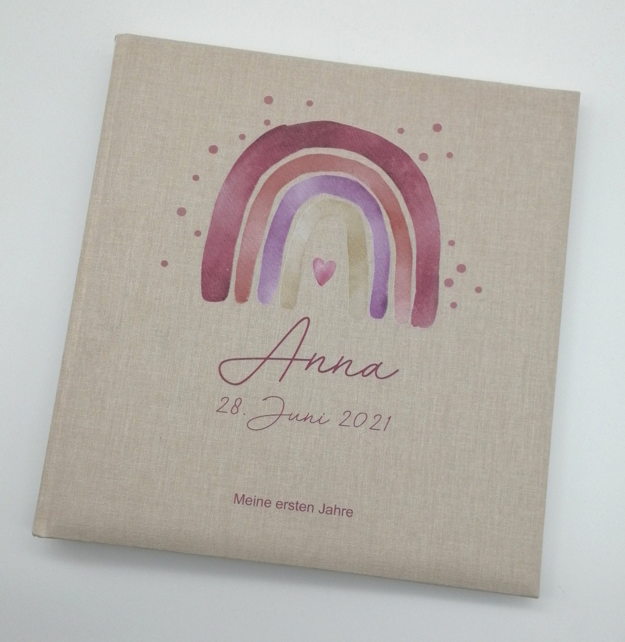 Fotoalbum personalisiert Baby, Kind "Regenbogen rot Dots" Leinen, Erinnerungsalbum