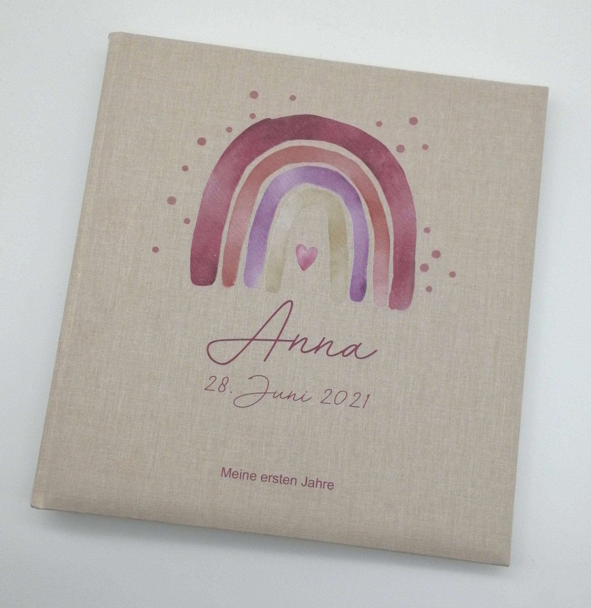 Fotoalbum personalisiert Baby, Kind "Regenbogen rot Dots" Leinen, Erinnerungsalbum