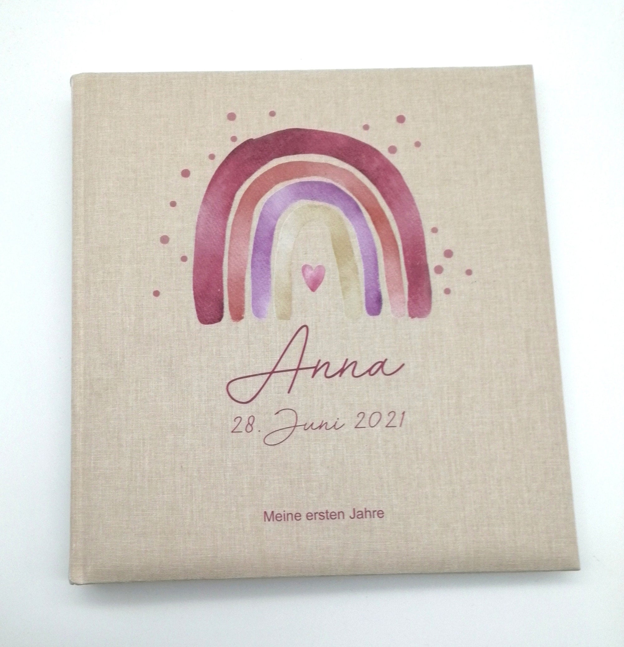 Fotoalbum personalisiert Baby, Kind "Regenbogen rot Dots" Leinen, Erinnerungsalbum