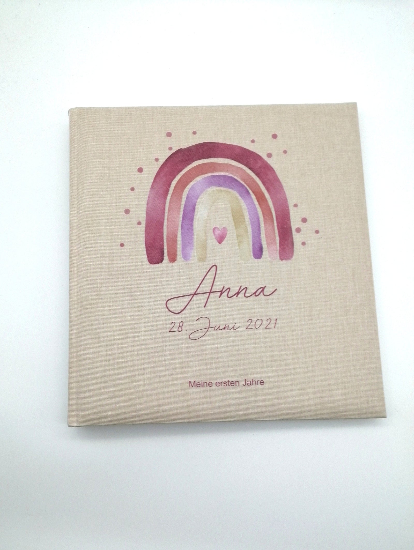 Fotoalbum personalisiert Baby, Kind "Regenbogen rot Dots" Leinen, Erinnerungsalbum