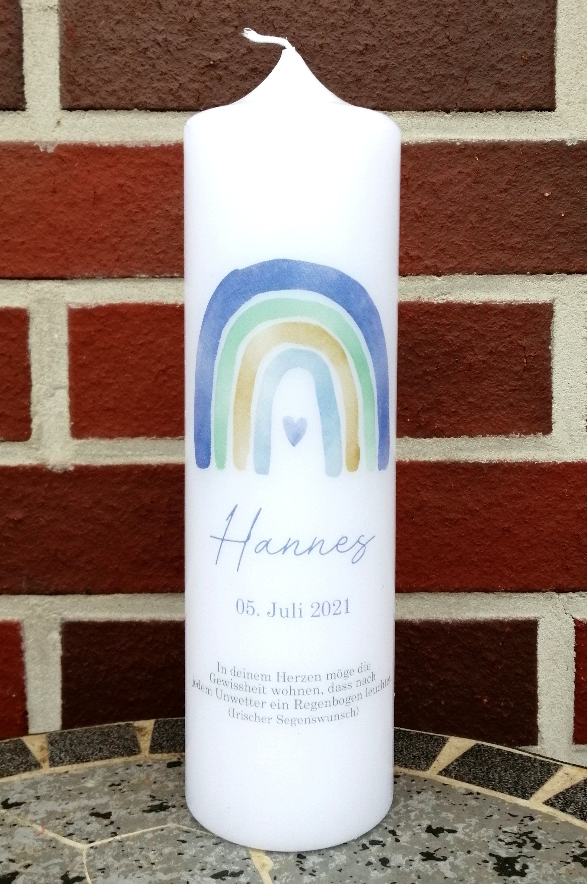 Taufkerze personalisiert mit Namen Datum und Taufspruch "Regenbogen watercolor blau", Junge/ Mädchen