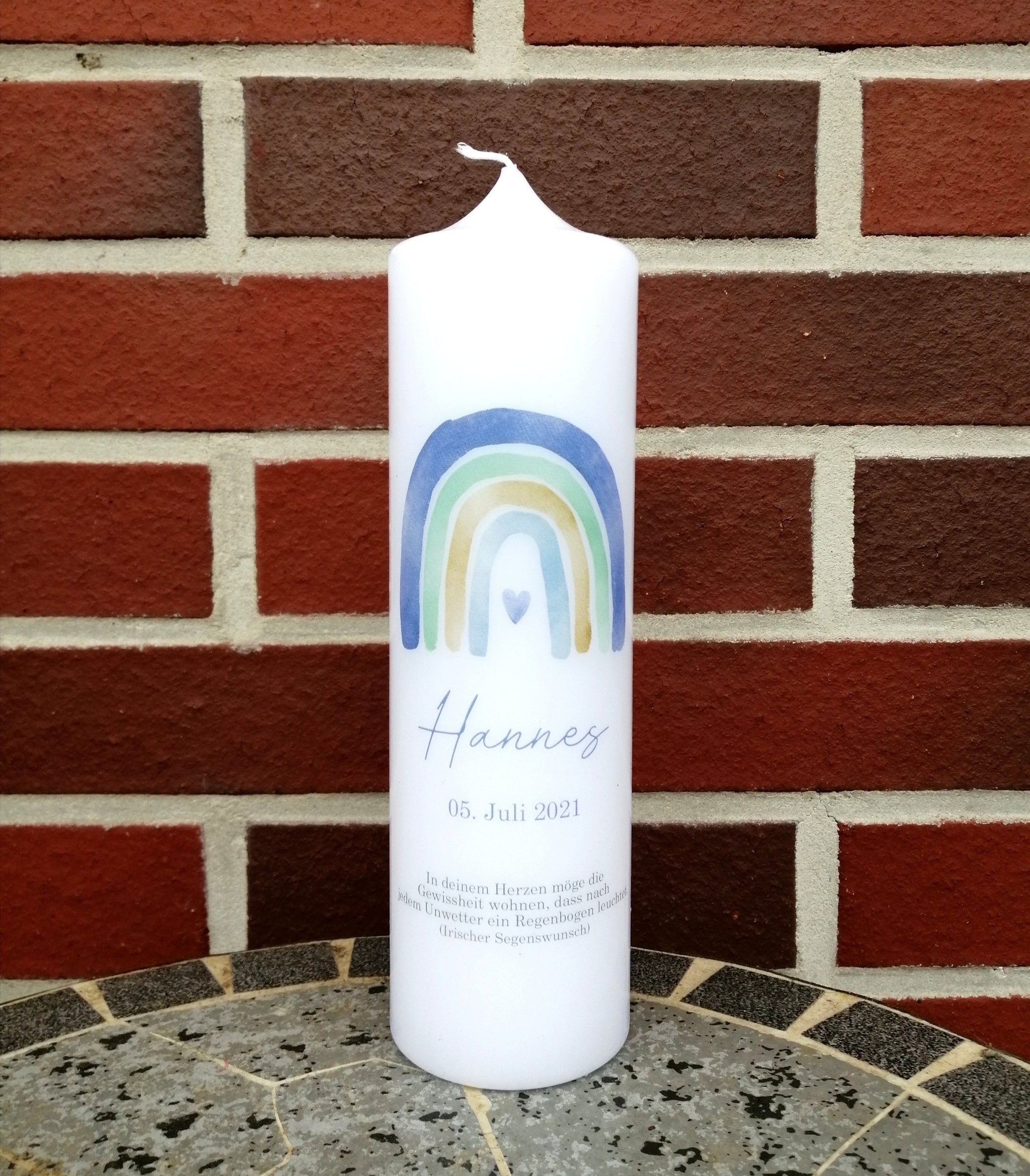 Taufkerze personalisiert mit Namen Datum und Taufspruch "Regenbogen watercolor blau", Junge/ Mädchen