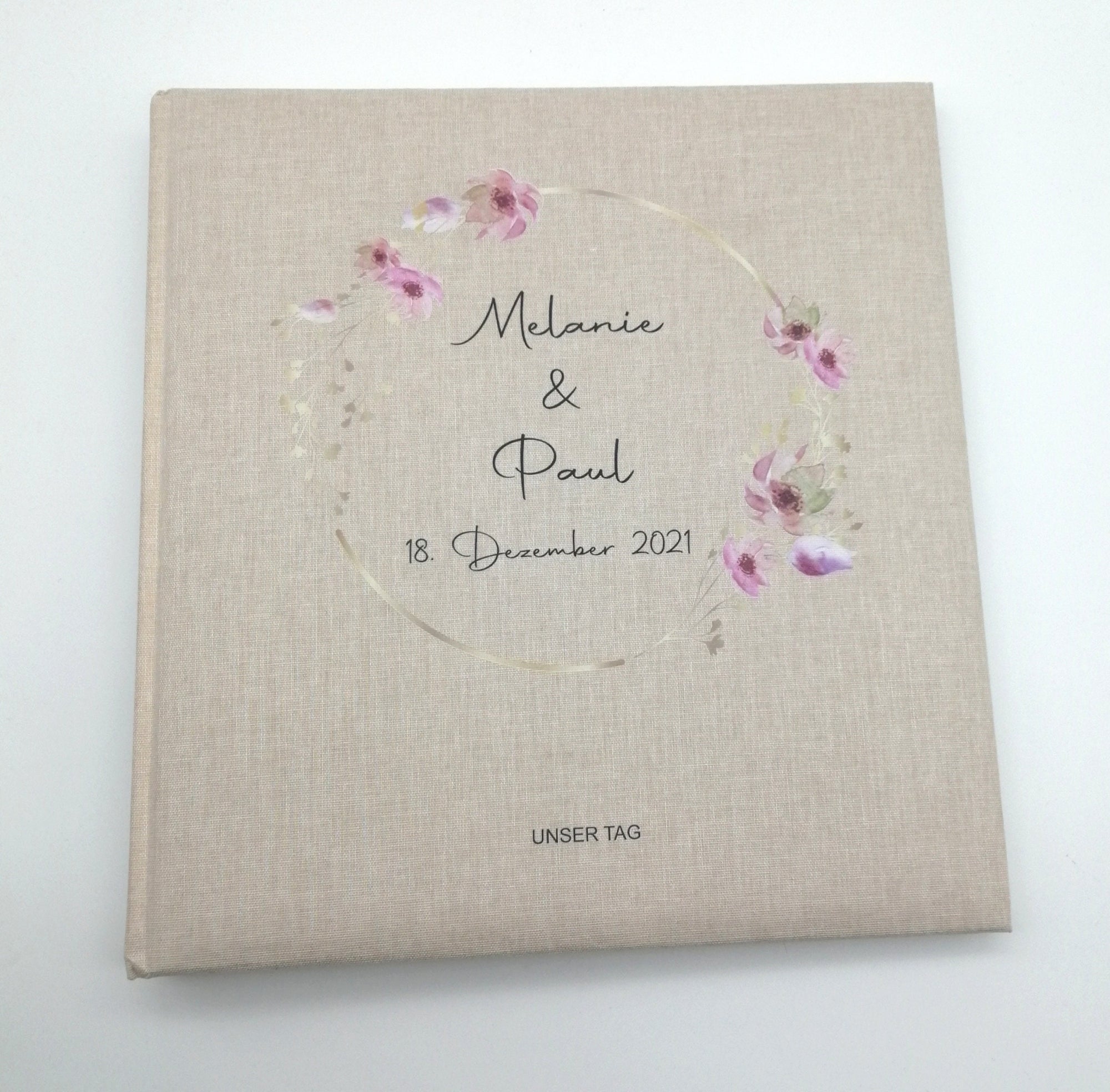Fotoalbum personalisiert Hochzeit "Rahmen Blume" Leinen, Erinnerungsalbum