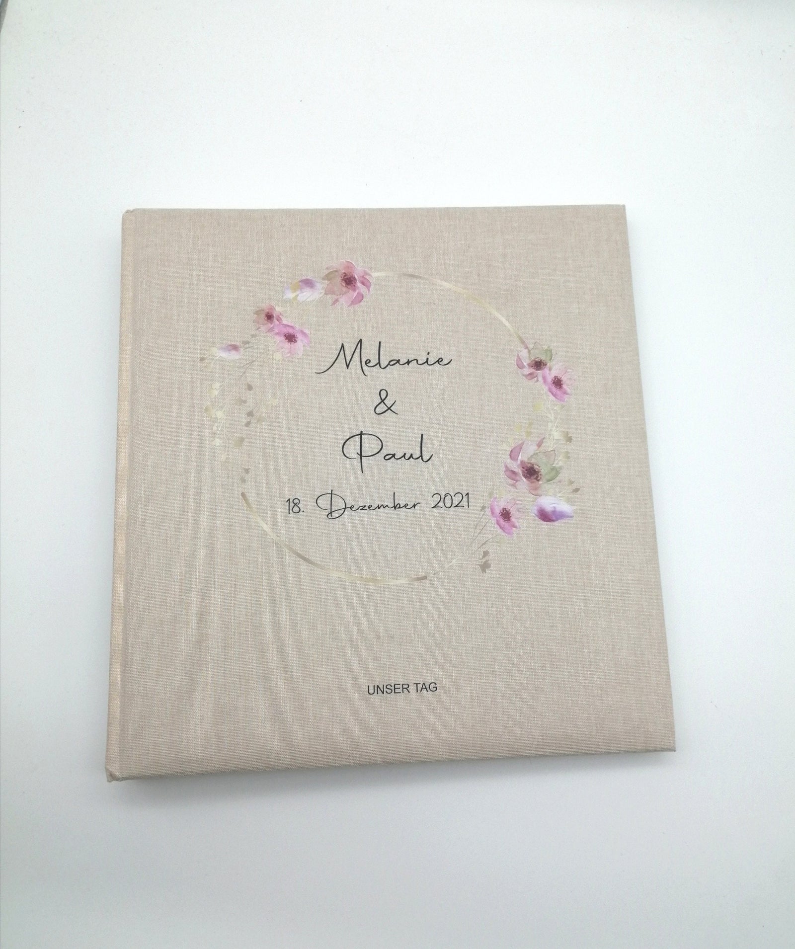 Fotoalbum personalisiert Hochzeit "Rahmen Blume" Leinen, Erinnerungsalbum
