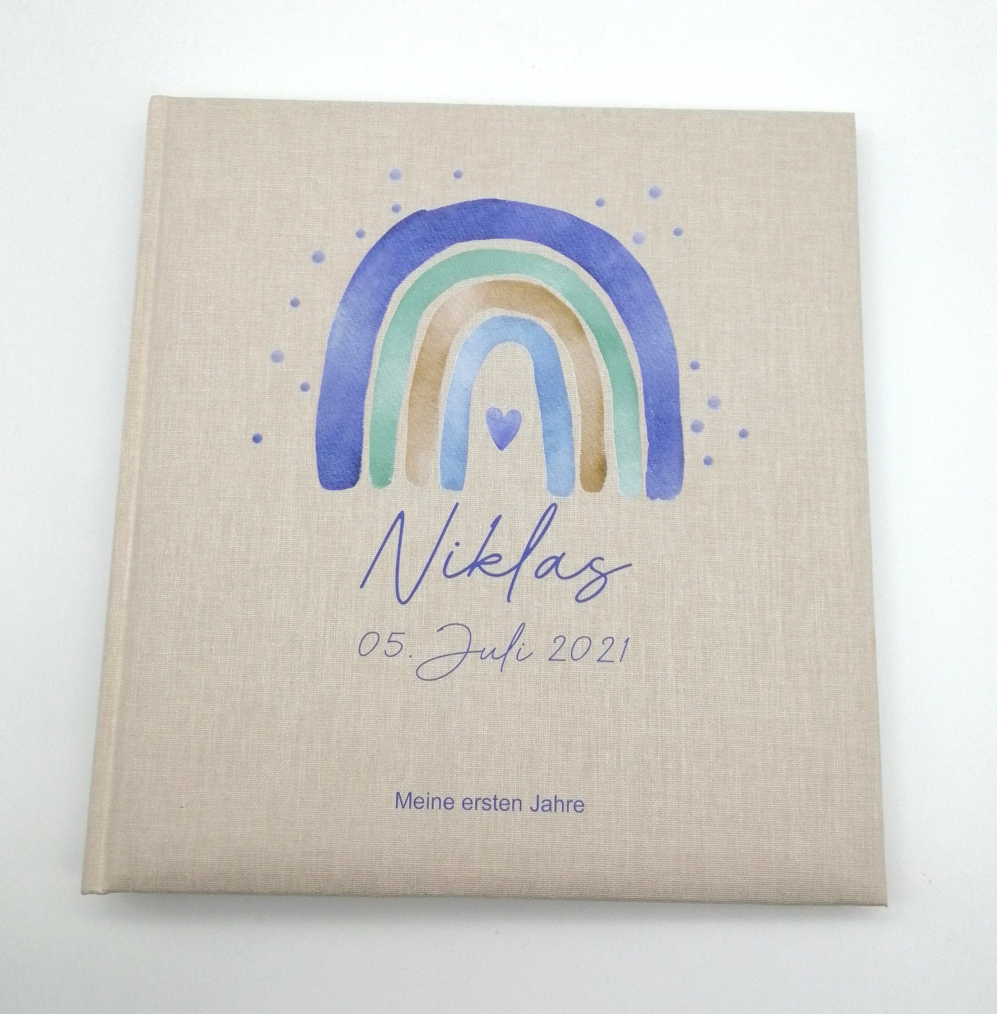 Fotoalbum personalisiert Baby, Kind "Regenbogen blau Dots" Leinen, Erinnerungsalbum