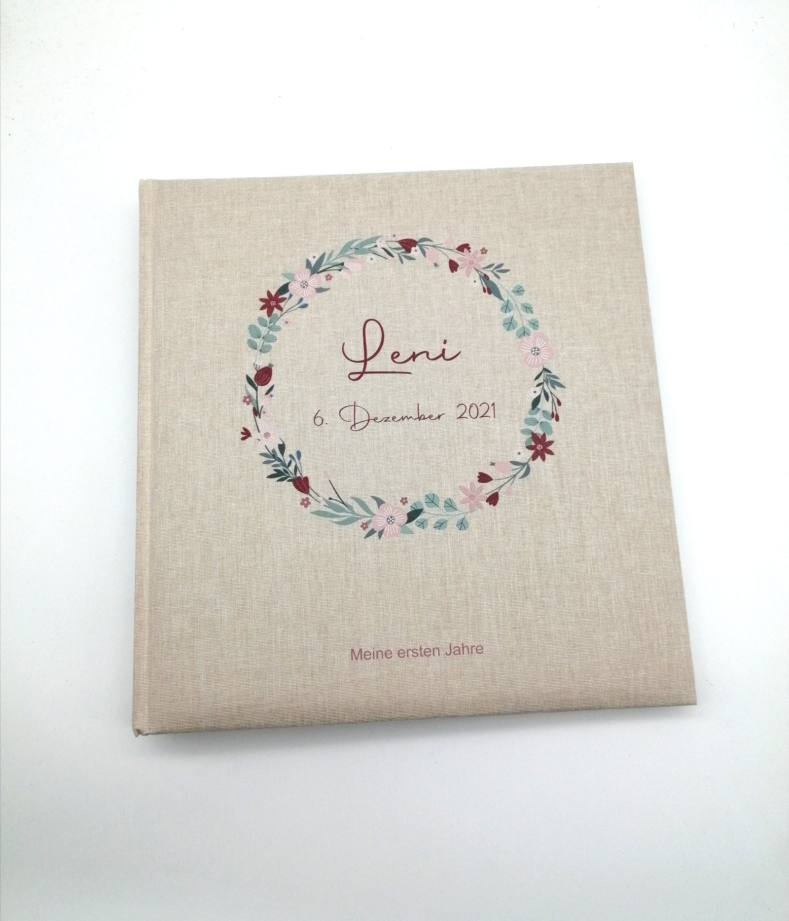 Fotoalbum personalisiert Baby, Kind "Blumenkranz 3" Leinen, Erinnerungsalbum