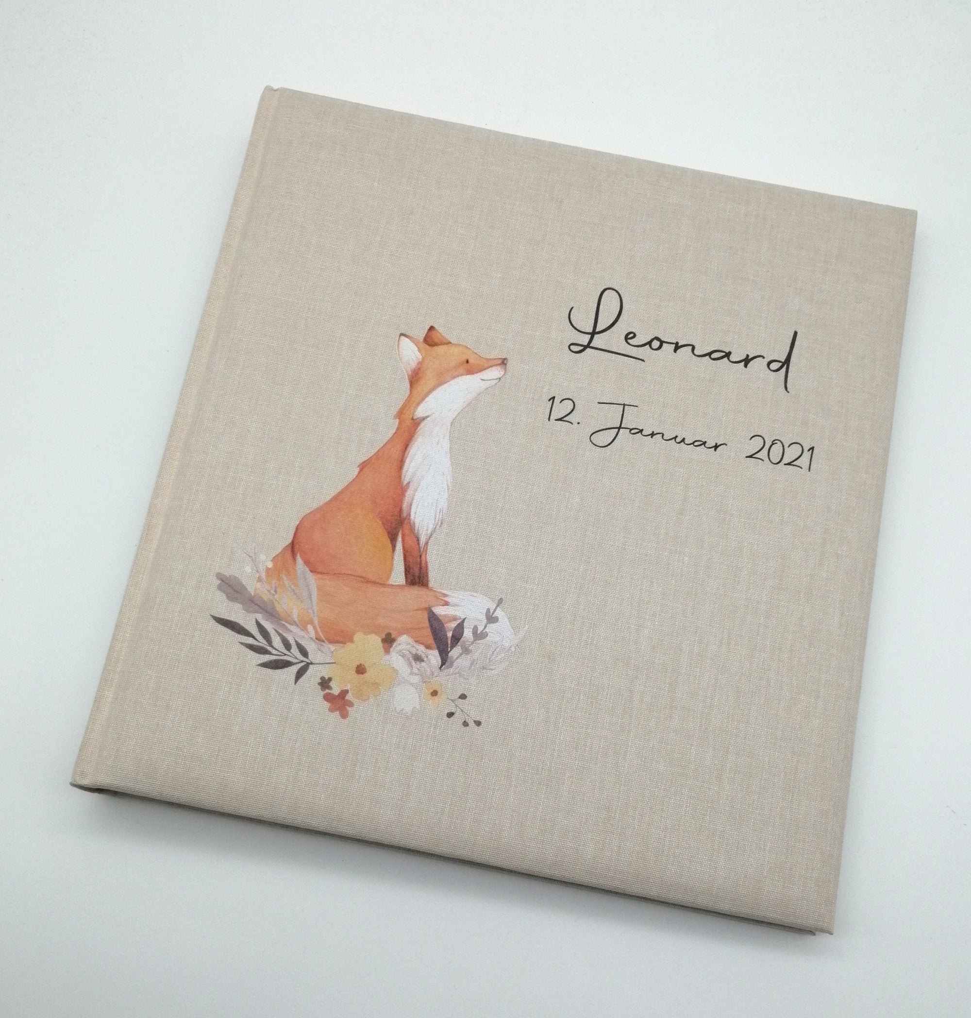 Fotoalbum personalisiert Baby, Kind "Fuchs" Leinen, Erinnerungsalbum