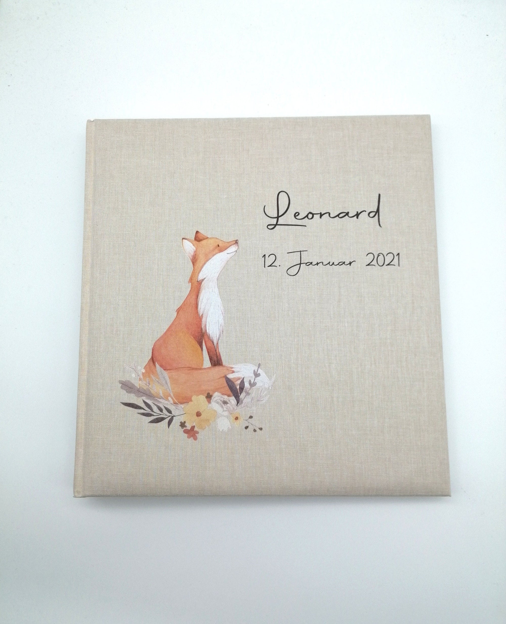 Fotoalbum personalisiert Baby, Kind "Fuchs" Leinen, Erinnerungsalbum
