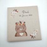 Fotoalbum personalisiert Baby, Kind "Boho Bär" Leinen, Erinnerungsalbum