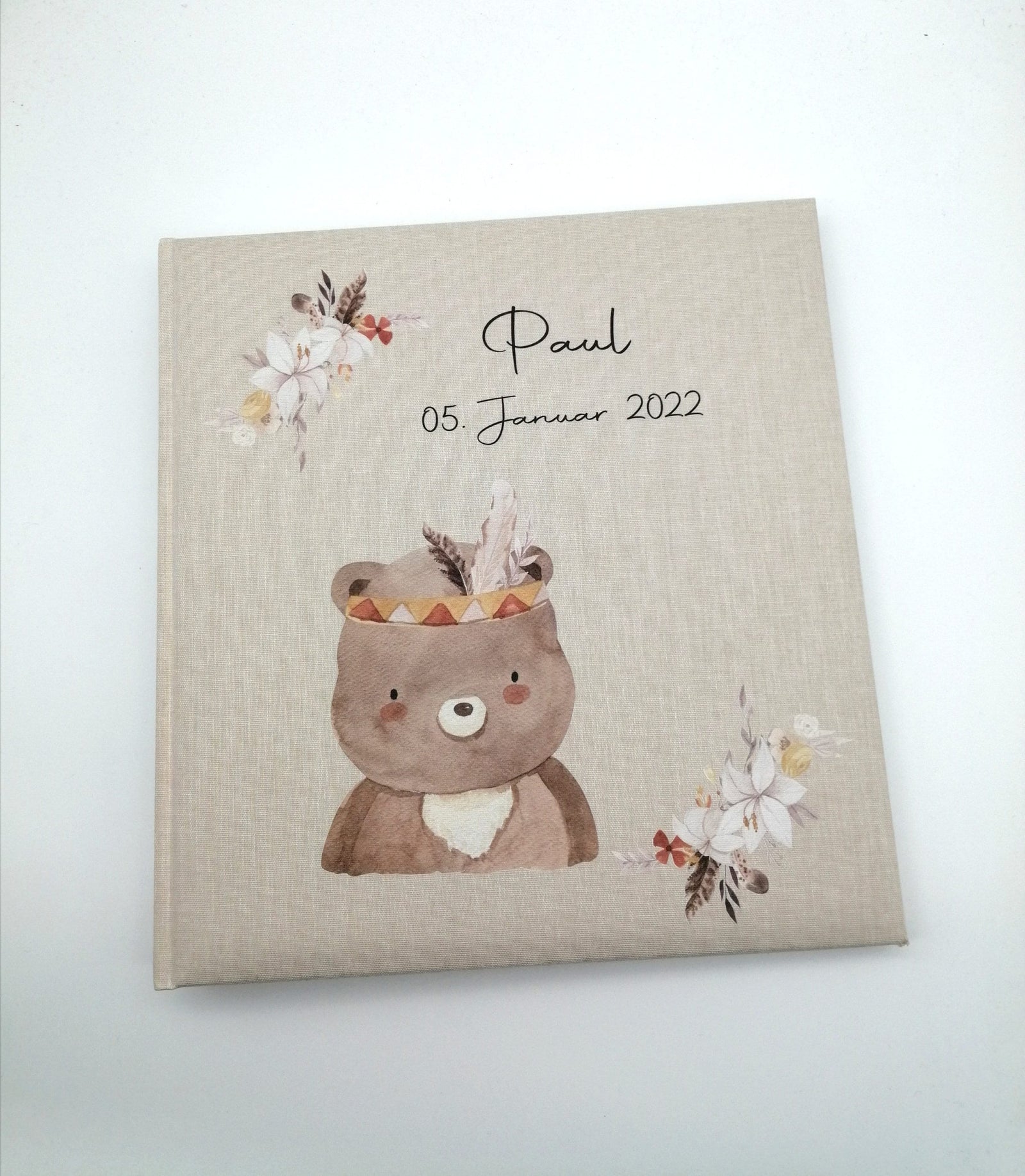 Fotoalbum personalisiert Baby, Kind "Boho Bär" Leinen, Erinnerungsalbum