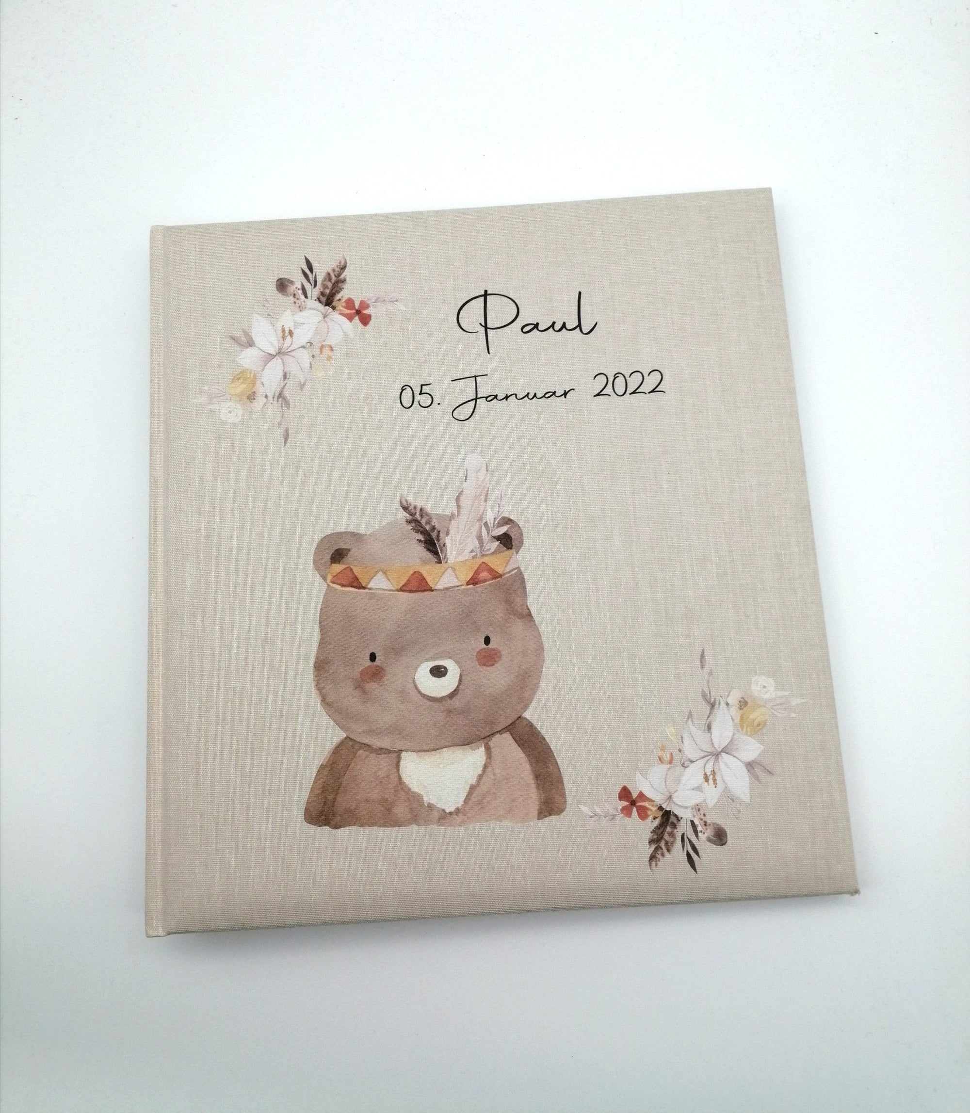 Fotoalbum personalisiert Baby, Kind "Boho Bär" Leinen, Erinnerungsalbum