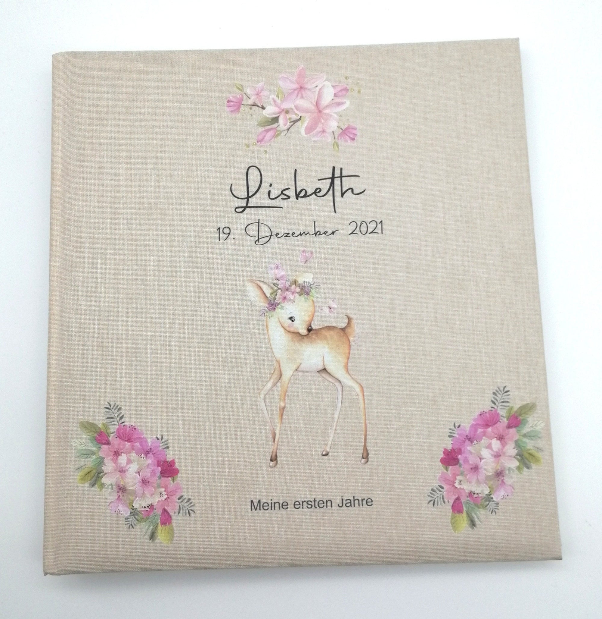 Fotoalbum personalisiert Baby, Kind "Boho Reh" Leinen, Erinnerungsalbum