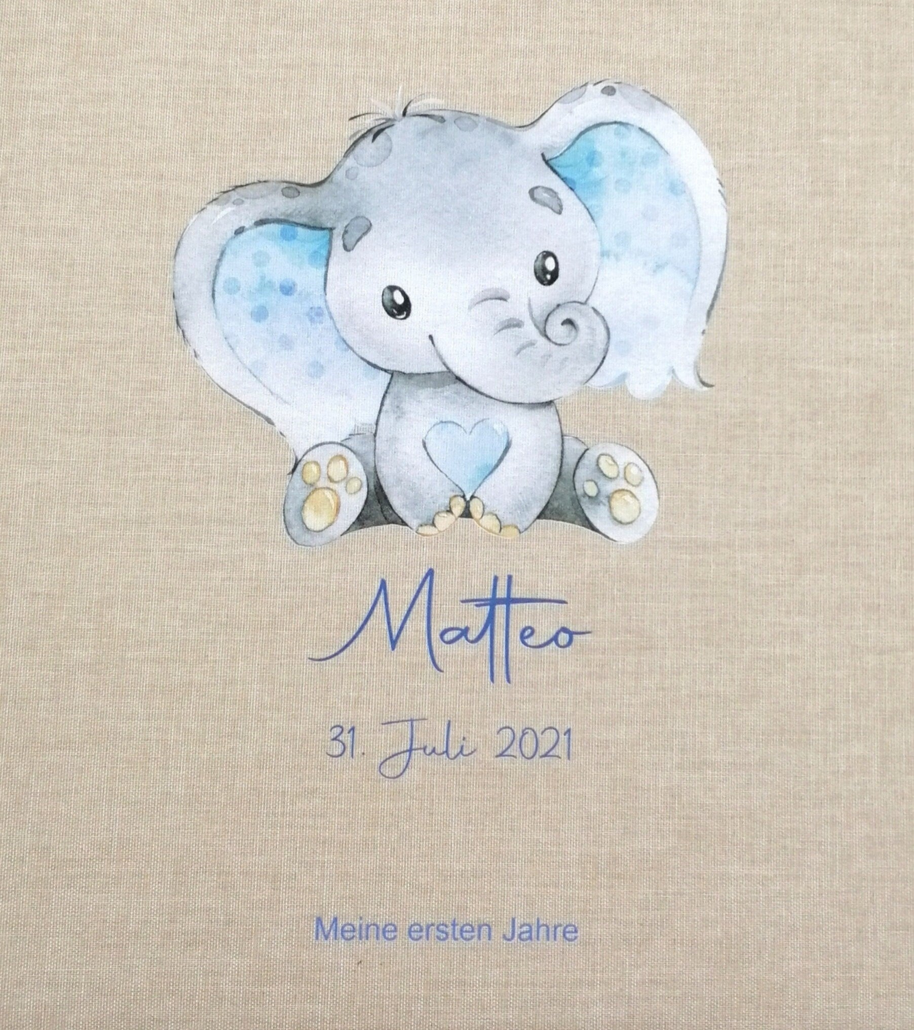 Fotoalbum personalisiert Baby, Kind "Elefant blau" Leinen, Erinnerungsalbum