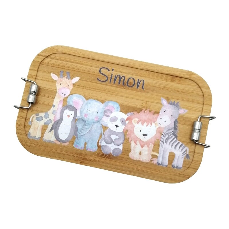 Brotdose personalisiert aus Edelstahl mit Bambus Deckel "Zootiere", Trennsteg, Lunchbox