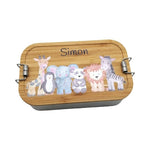 Brotdose personalisiert aus Edelstahl mit Bambus Deckel "Zootiere", Trennsteg, Lunchbox