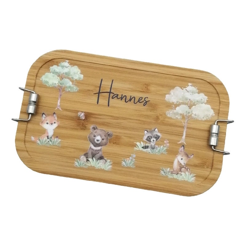 Brotdose personalisiert aus Edelstahl mit Bambus Deckel "Waldtiere", Trennsteg, Lunchbox