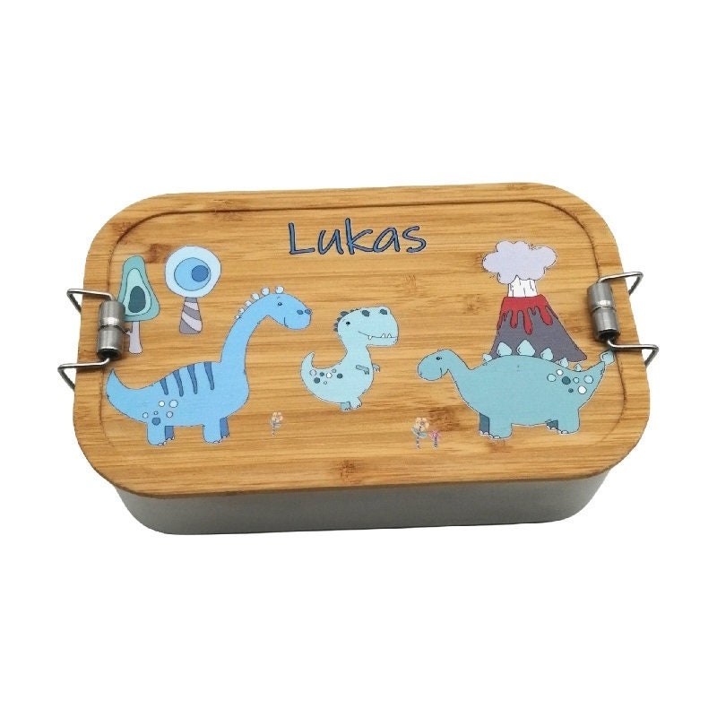 Brotdose personalisiert aus Edelstahl mit Bambus Deckel "Dino", Trennsteg, Lunchbox, Brotdose für Kinder, Brotdose Edelstahl, Lunchbox