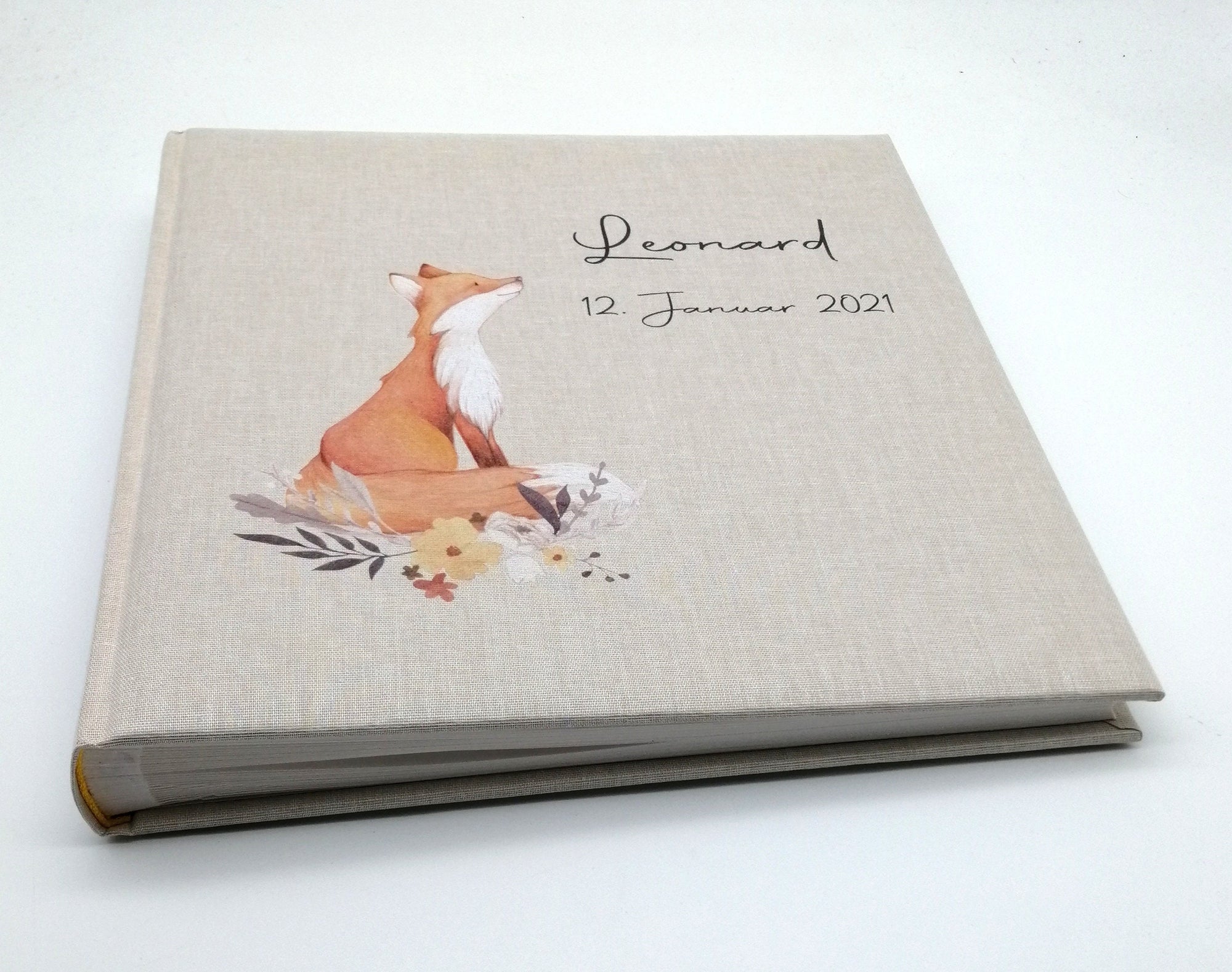 Fotoalbum personalisiert Baby, Kind "Fuchs" Leinen, Erinnerungsalbum