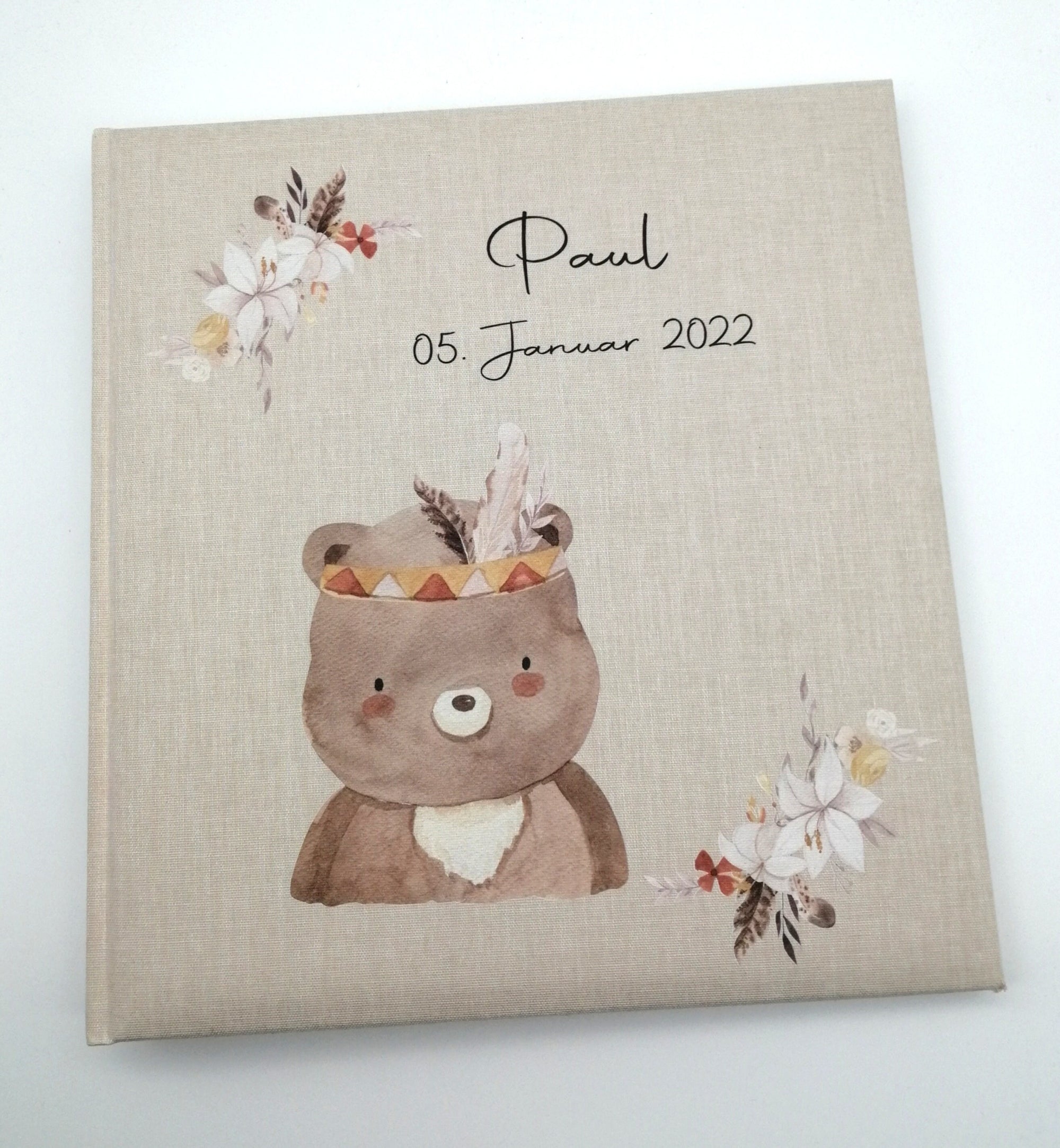 Fotoalbum personalisiert Baby, Kind "Boho Bär" Leinen, Erinnerungsalbum